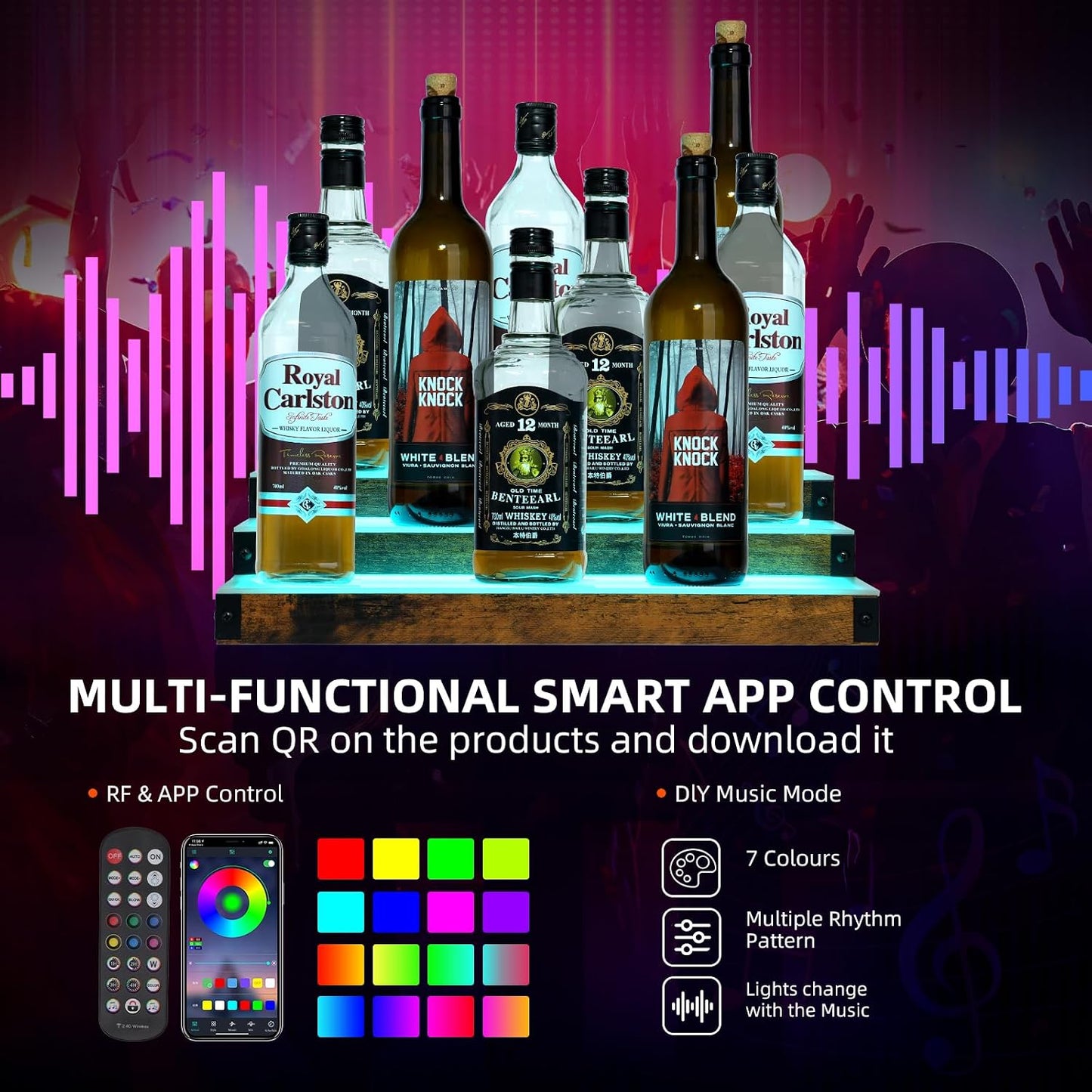 2-Pack 16‘’ LED Lighted Liquor Display, 3-Tier 32Inch Total Bar Shelves for Liquor Bottle, Illuminated Home Bar Shelf