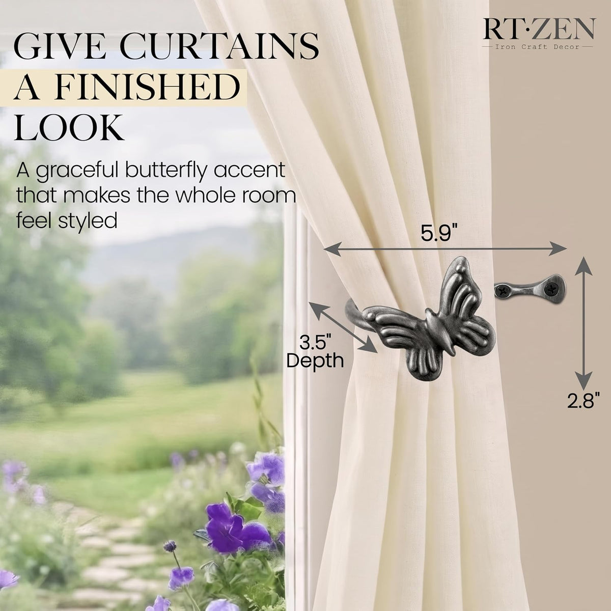 Metal Curtain Tiebacks, Drapery Holders for Wall, 2 Pcs | Farmhouse Wrought Iron Curtain Holdbacks, Ornamental Window