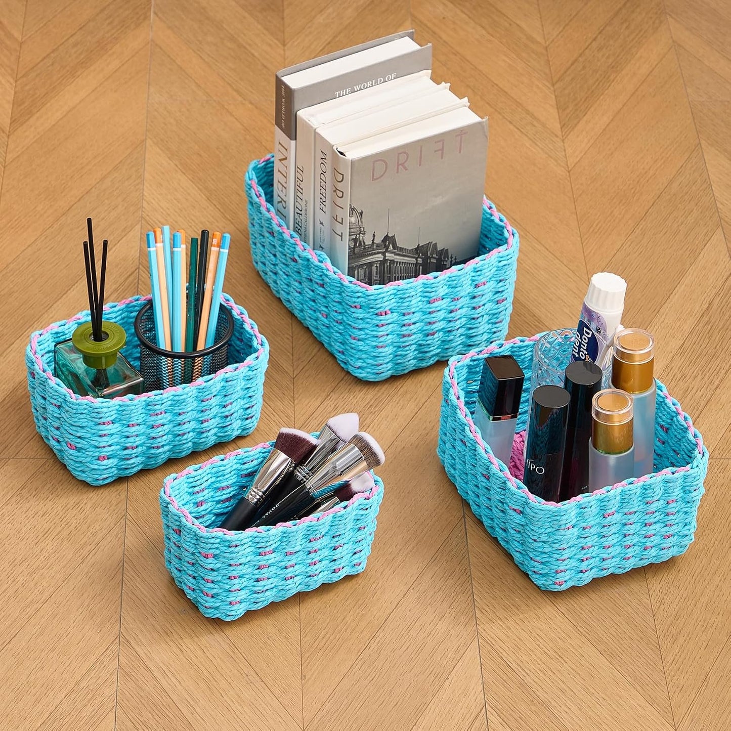 Woven Storage Baskets Set / Blue & Pink / Set of 4