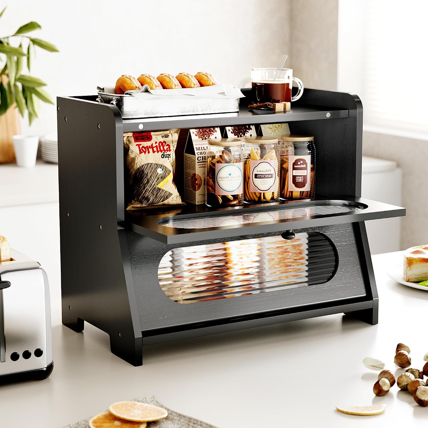 Bread Box,Extra Large 2-Tier Bamboo Bread Box for Kitchen Countertop,Bread Storage Container with Magnetic Acrylic Door