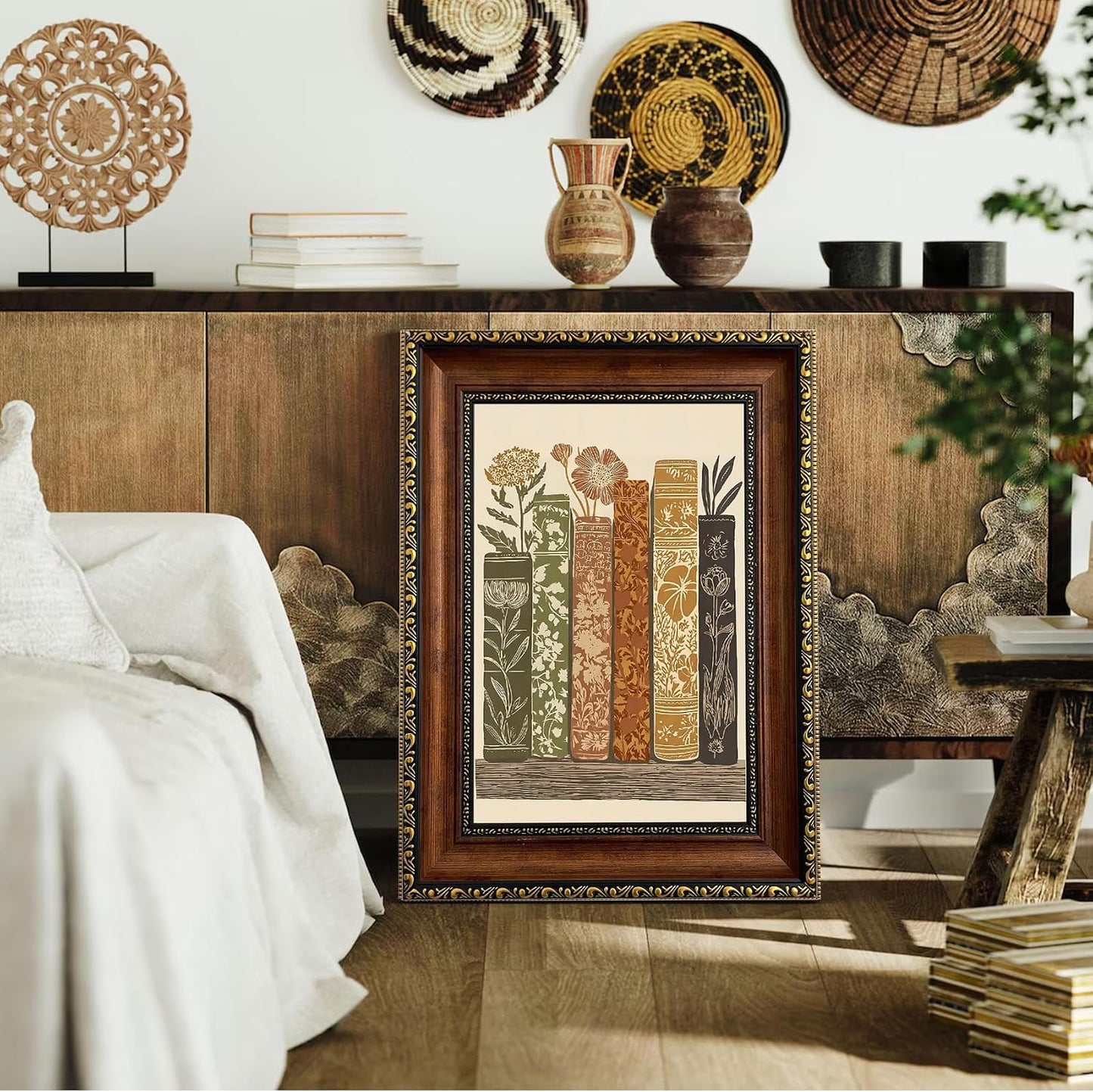 Framed Vintage Books Canvas Wall Art Botanical Book Stack / Book Stack Botanical Framed / 11"L x 9"W