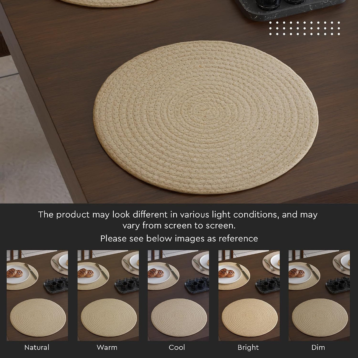 Encasa XO Placemats, Round Cotton Dining Table Mats 13" | Beige Mix Combo, Handcrafted Ribbed Texture | Heat Resistant