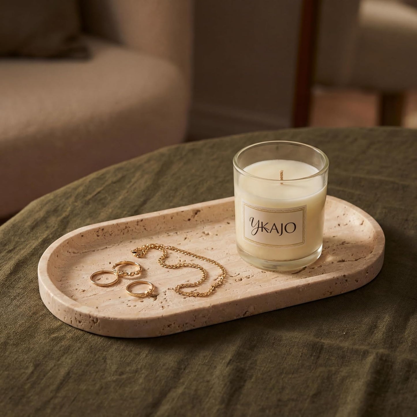 Oval Real Marble Tray / Natural Travertine Beige / 11.8 x 5.9