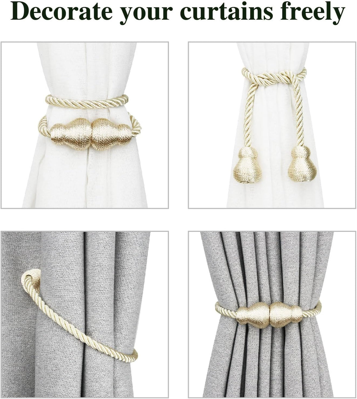 Magnetic Curtain Tiebacks Decorative Curtain Holders for Drapes Nieffeiy | 6 Pack Beige Outdoor Tie Backs Rope Window