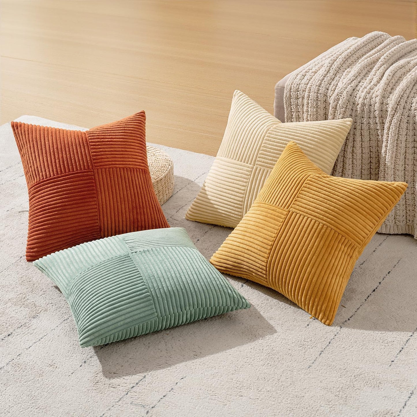 Decorative Throw Pillow Covers Boho Corduroy Striped Cushion / 18 x 18 / Teal Orange / Set of 4