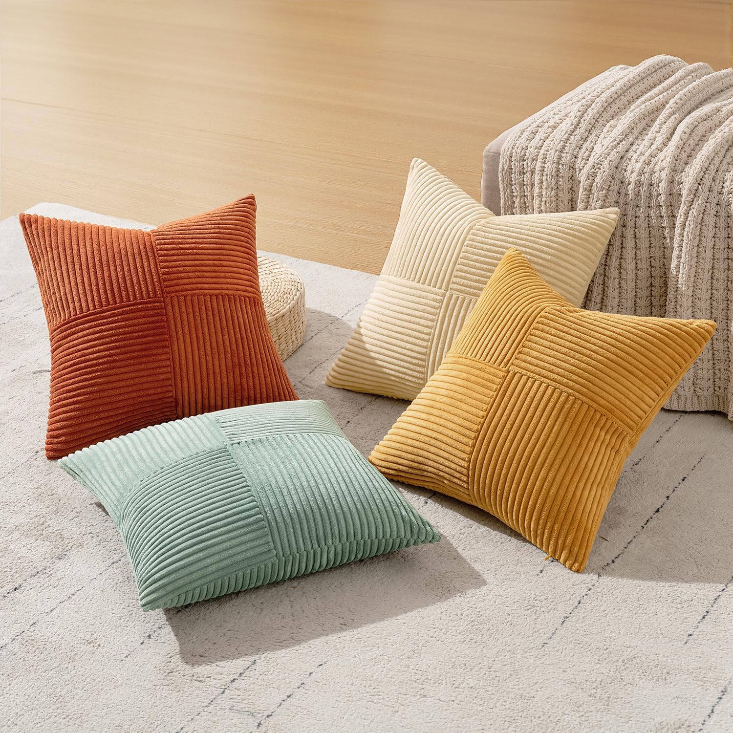 Decorative Throw Pillow Covers Boho Corduroy Striped Cushion / 18 x 18 / Teal Orange / Set of 4