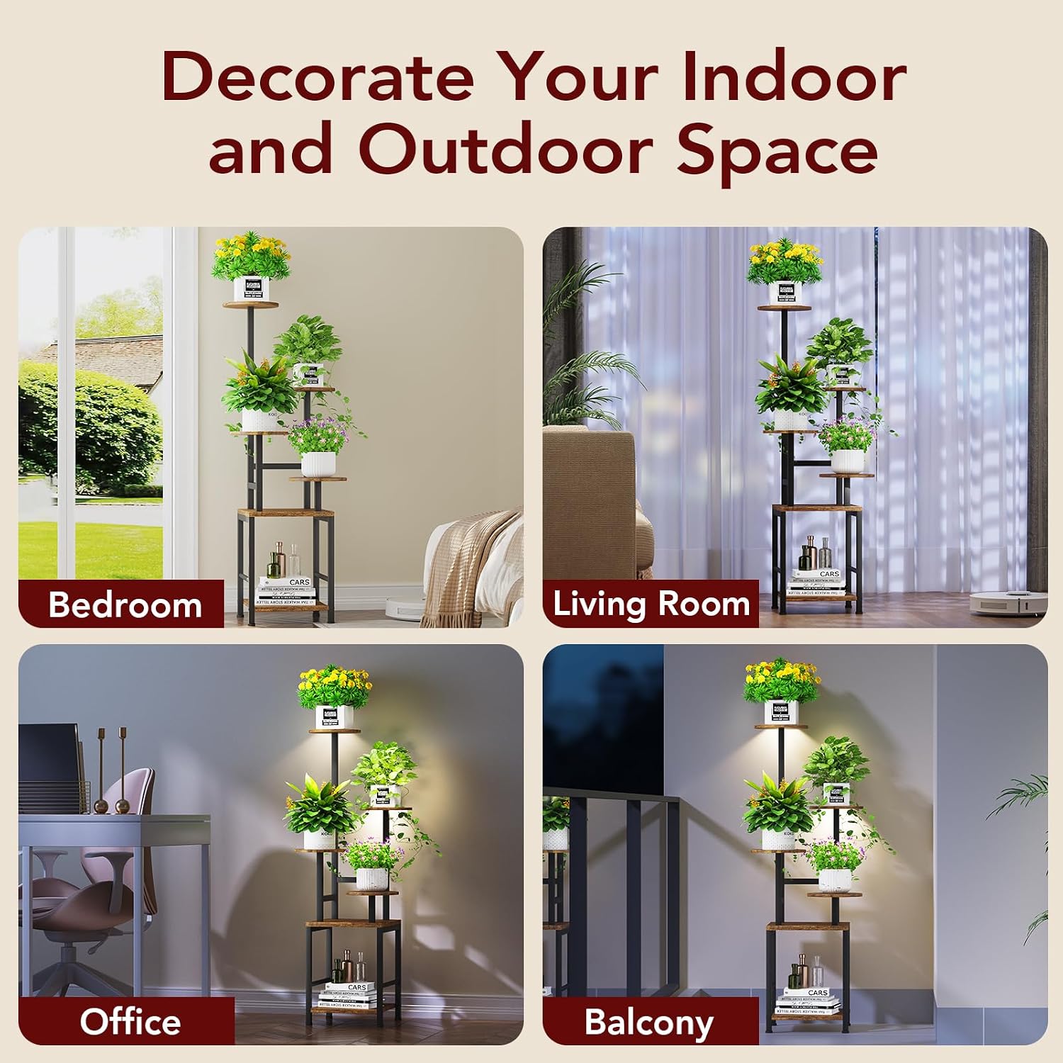 Round Plant Stand Indoor with Grow Light, 5-Tiered Tall Plant Stand Indoor, Metal Plant Shelf with Adjustable Light