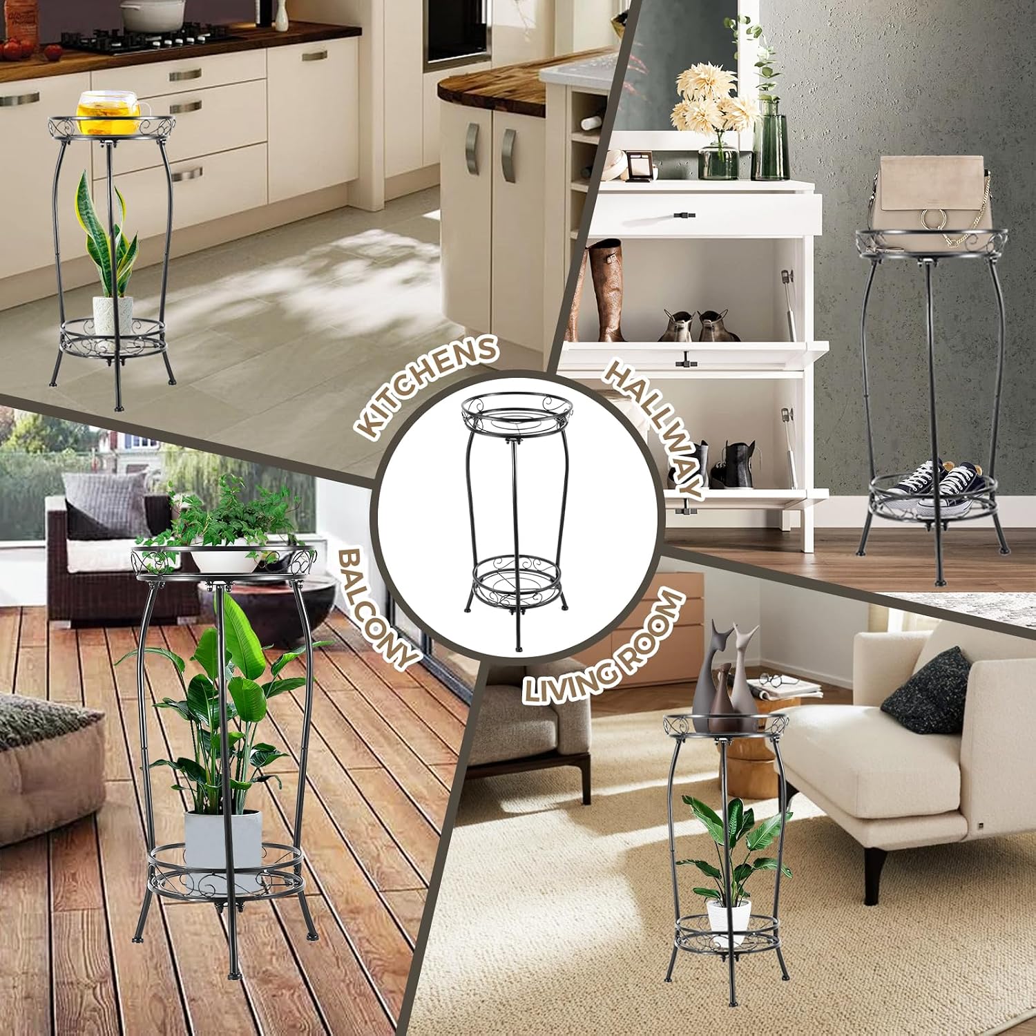 Kavlium Plant Stand Indoor Outdoor, Tall Black Metal, 2 Tier 27.1 Inch | Rustproof Metal, Stable 3-Leg Base, Heavy Duty