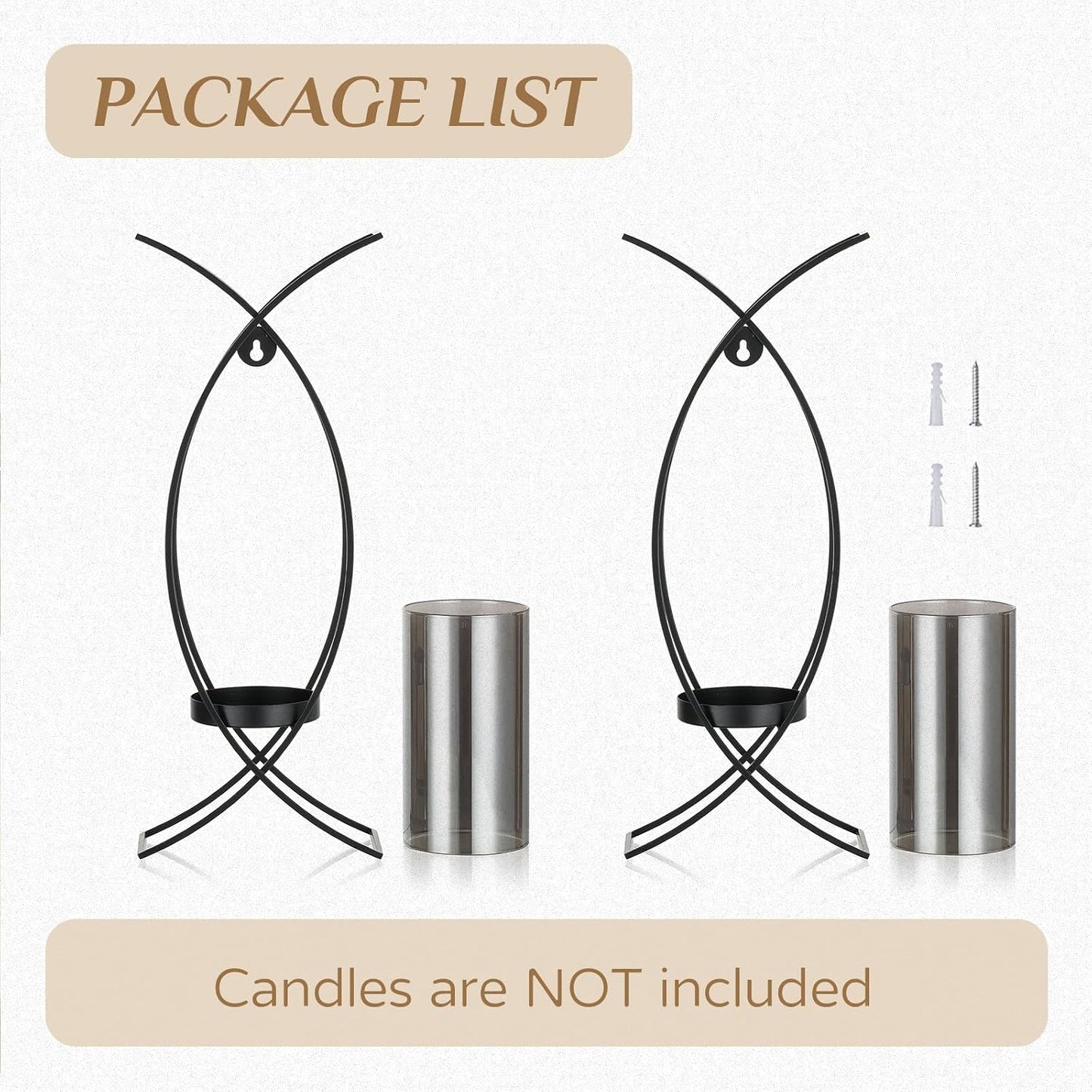Black Metal Wall Candle Sconces Set of 2 with Glass Hurricanes | Wall Candle Holder for Pillar, 15 Inch Tray, Flameless