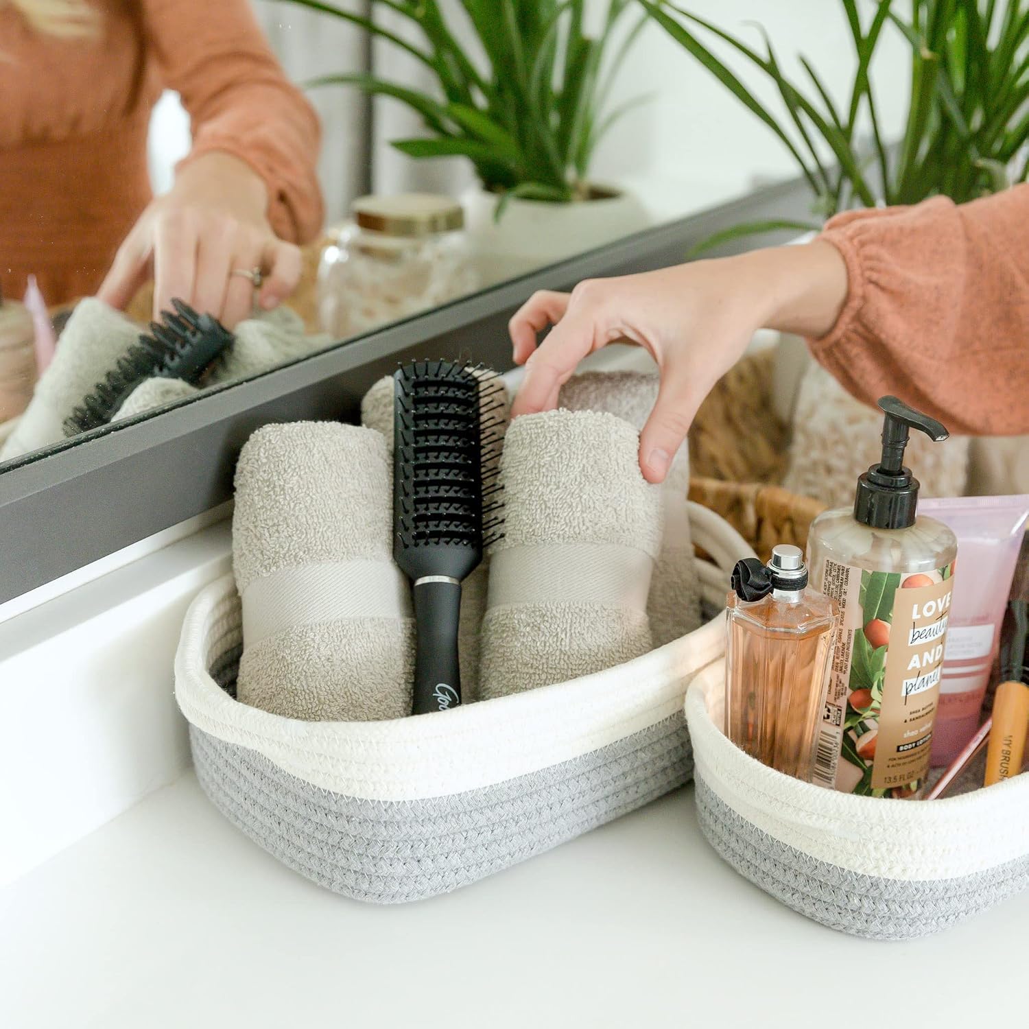 5-Piece Rectangle Storage Basket Set- Natural Cotton Rope Woven Baskets / Off White & Gray