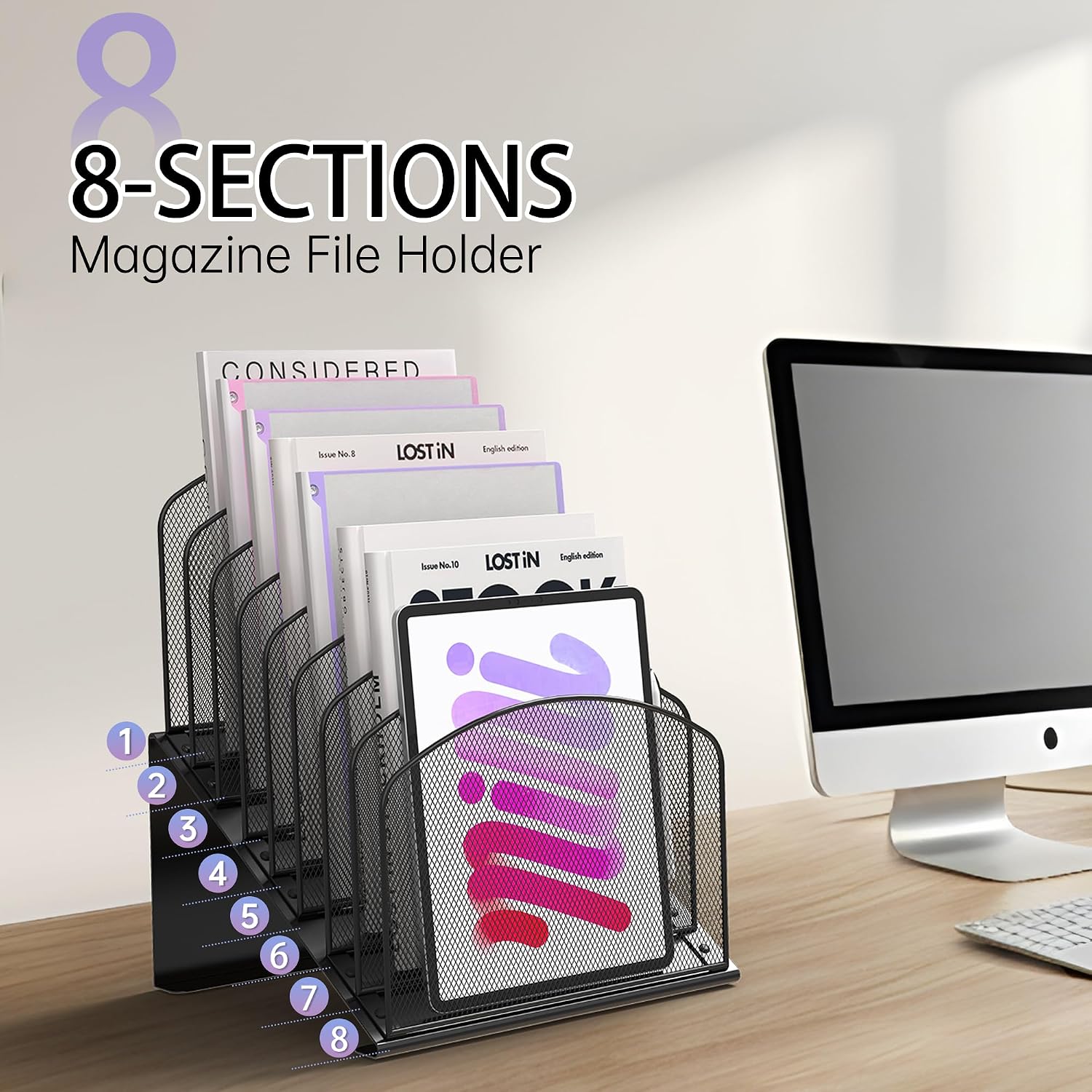 Sinboun Inclined Desk File Organizer Folder Holder with 8-Section, Black | 8-Section Vertical Compartment, Sturdy Metal
