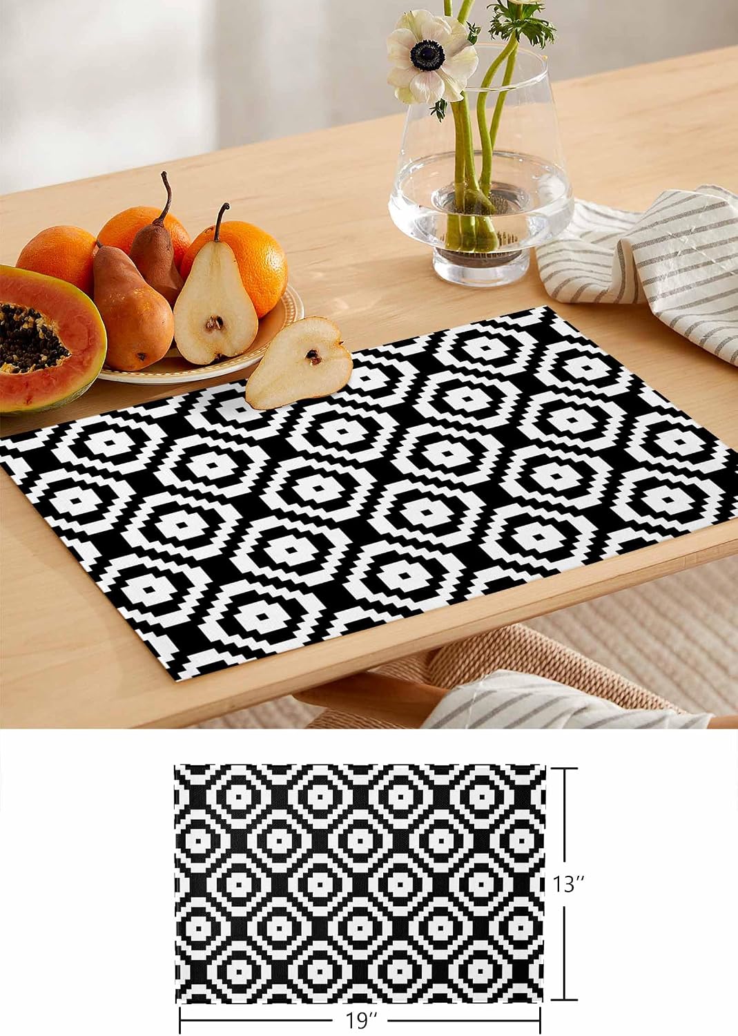 Black White Geometric Table Runner with Placemats Set of 6, Cotton Linen Kitchen Dining Mats Long Table Cover 16"x72"