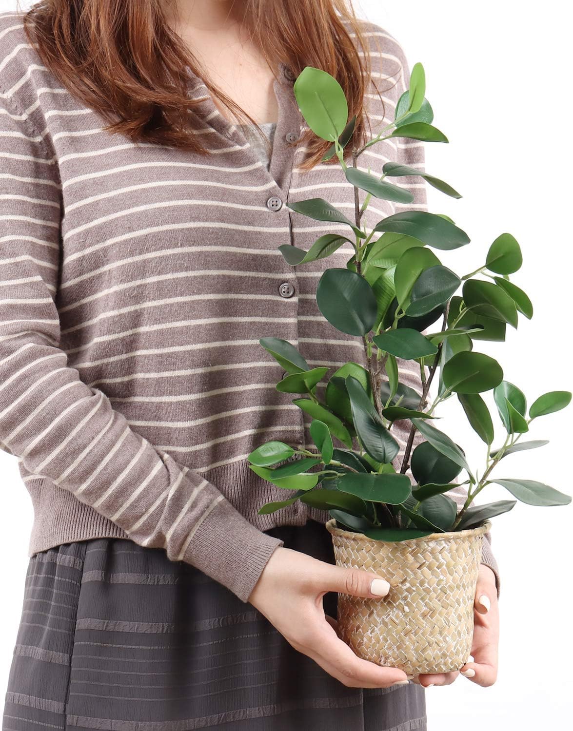 Artificial Ficus Tree Small Fake Plants in Weaved Pot 20" Height / Green