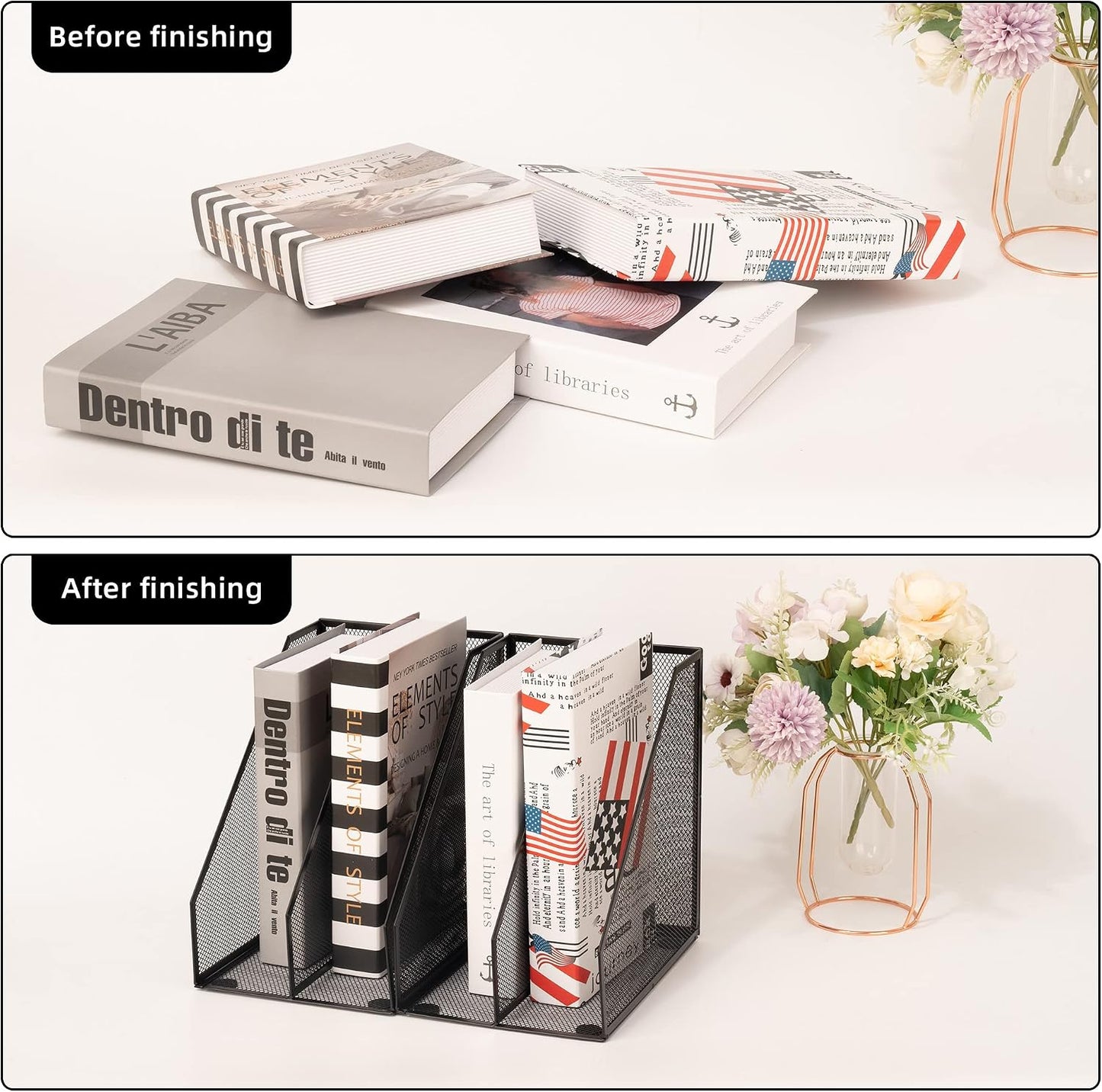 2 Set Magazine Holder Metal Wire, 2 Compartments Mesh File Holder for Desk, Office Desk Accessories Decorative File