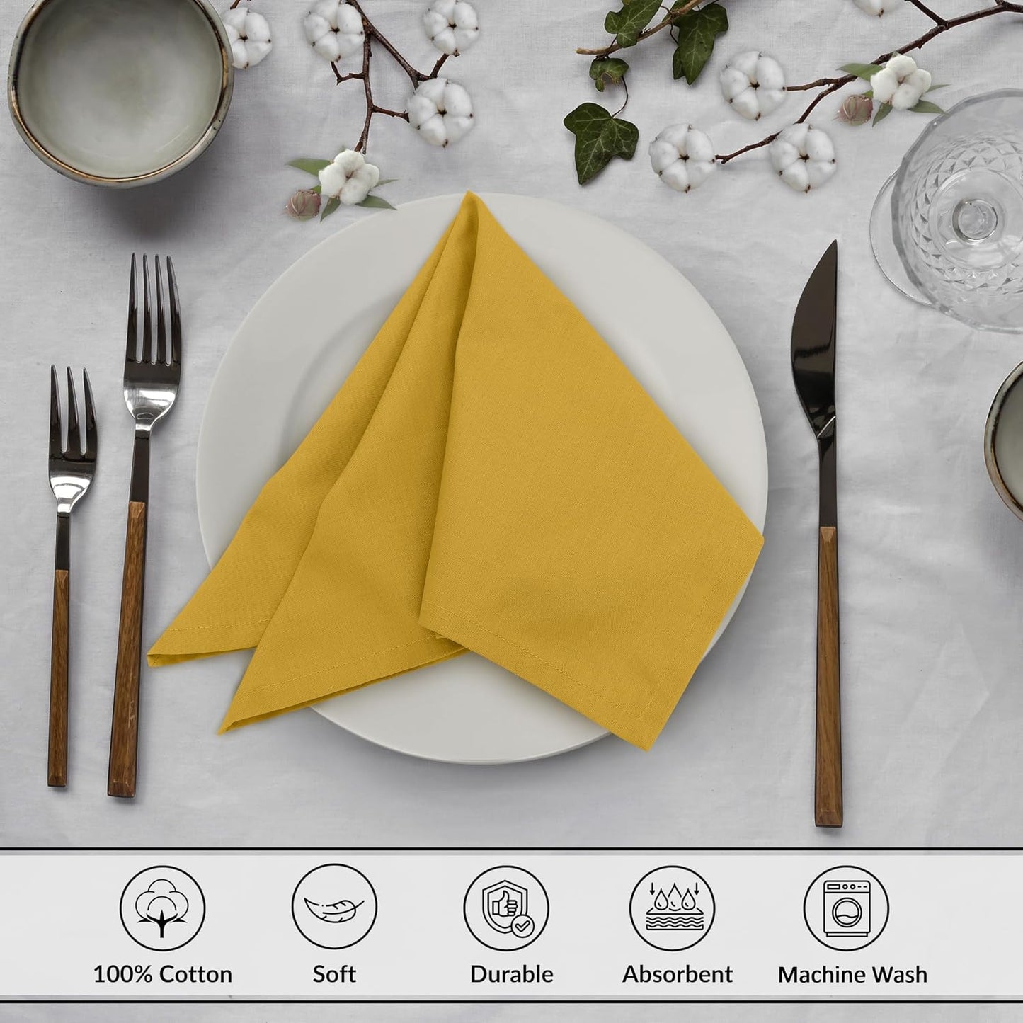 Ruvanti Cloth Napkins Set of 12, 100% Cotton 18”x18” - Spicy Mustard | Washable, Soft, Durable & Absorbent Everyday