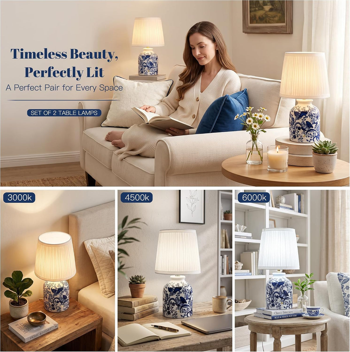 ShineTech Rechargeable Cordless Small Ceramic Table Lamps Set of 2, Blue