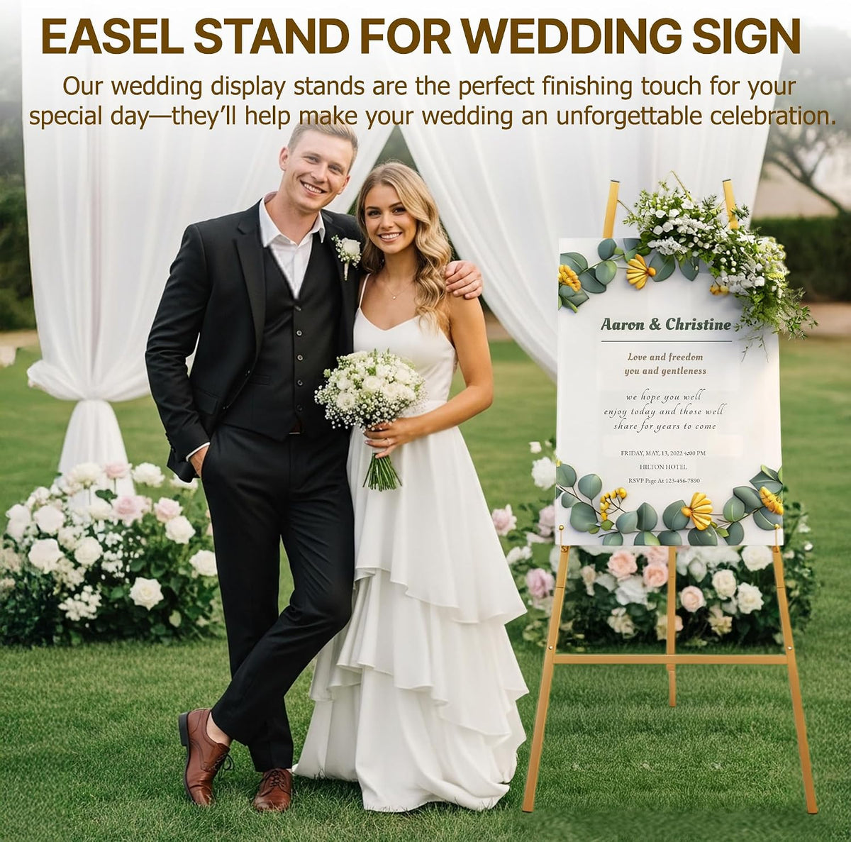 57.5" Gold Easel Stand for Sign, Wedding Sign Stand for Display | 4 Adjustable Height Levels Heavy Duty Metal Display