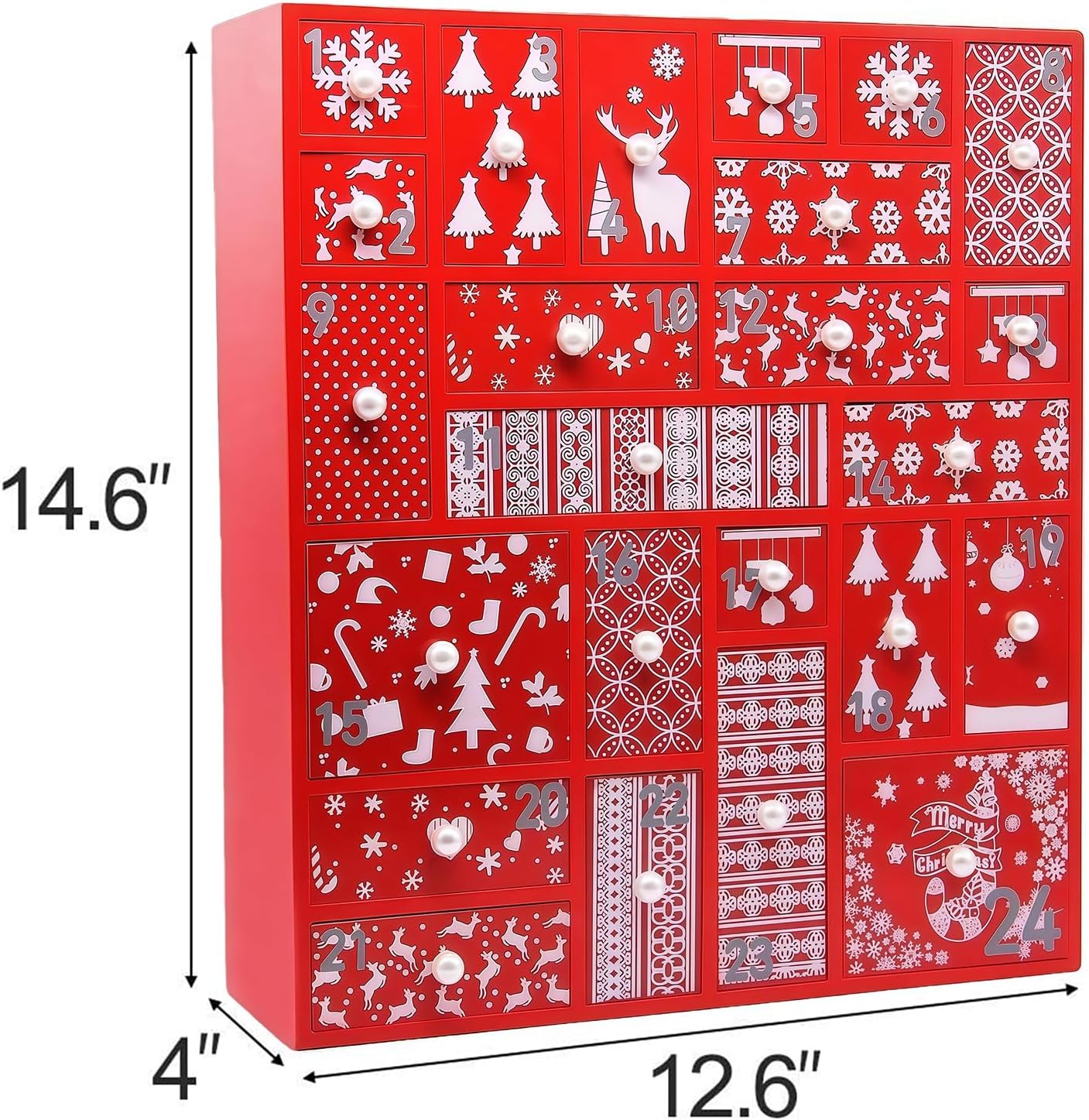 Juegoal Red Advent Calendar with 24 Drawers Countdown to Christmas, Refillable Wooden Advent, 15 Inches Tall