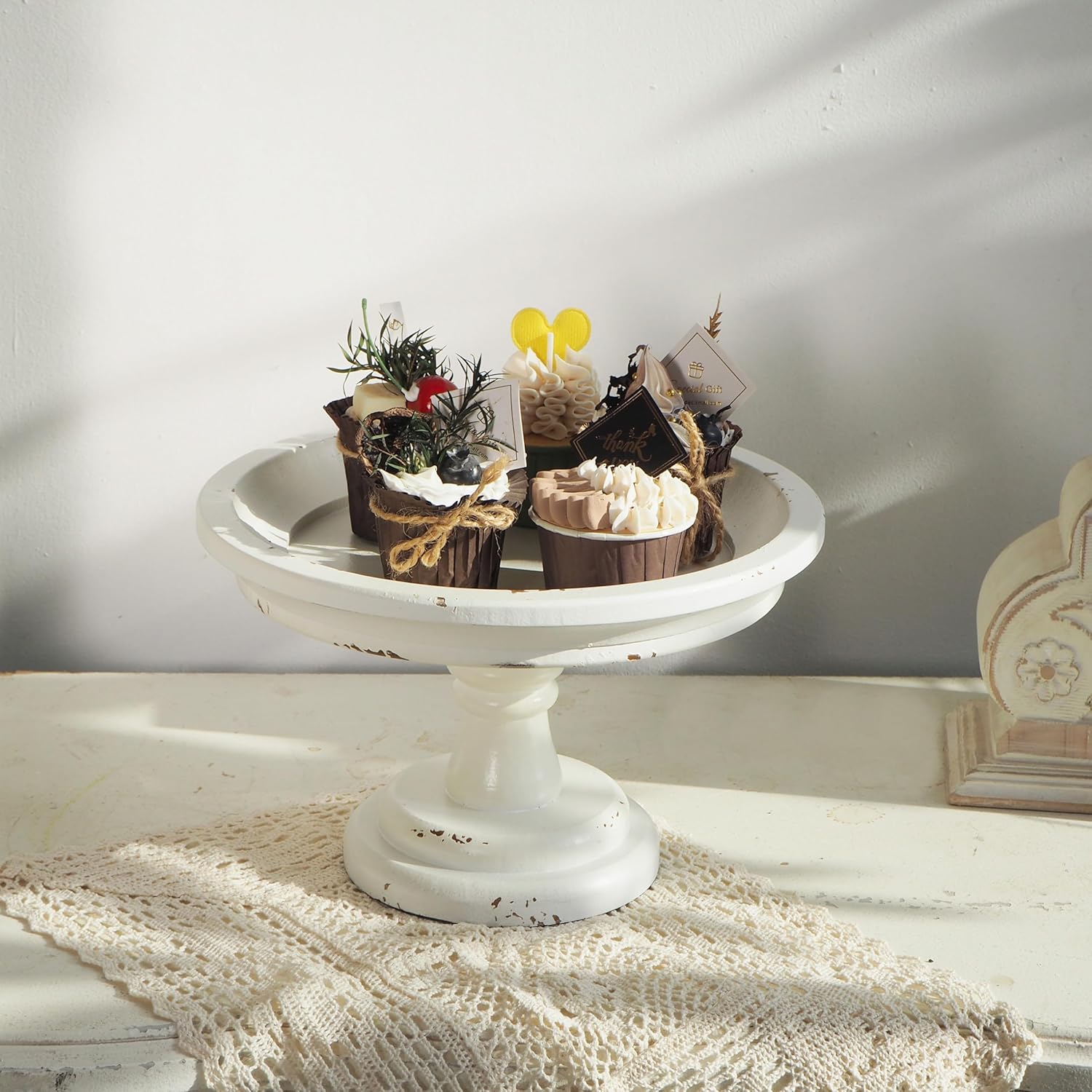 Rustic Wood Pedestal Tray Stand / White / 8.3 x 8.3 x 6.3