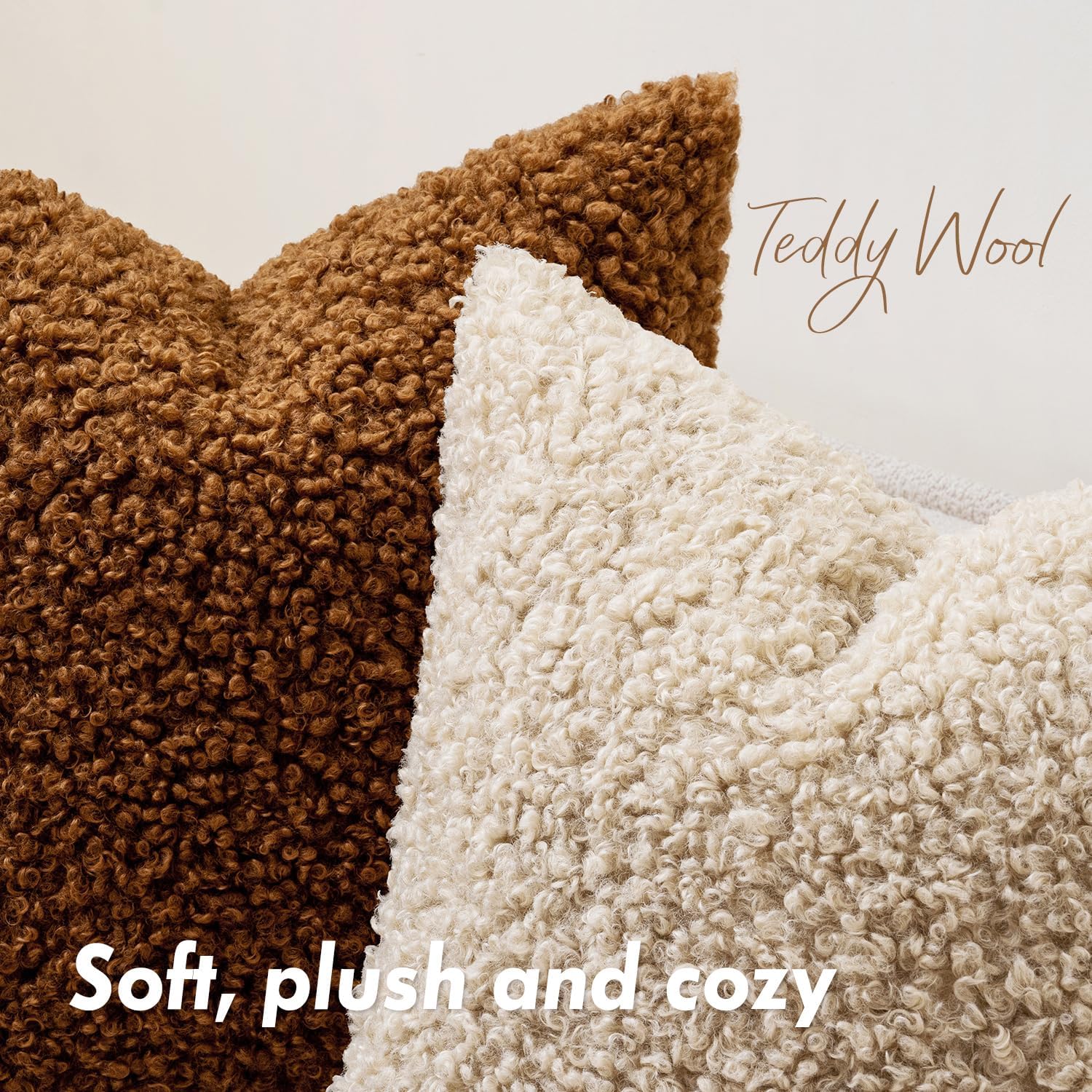 Faux Fur Throw Pillow Covers Boucle Neutral Decorative Sherpa Fuzzy / 18 x 18 / Brown / Set of 2