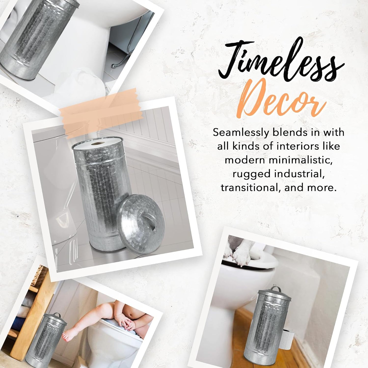 Autumn Alley Farmhouse Galvanized Metal Free Standing Toilet Paper Holder Organizer Stand Canister with Lid – Fits 3