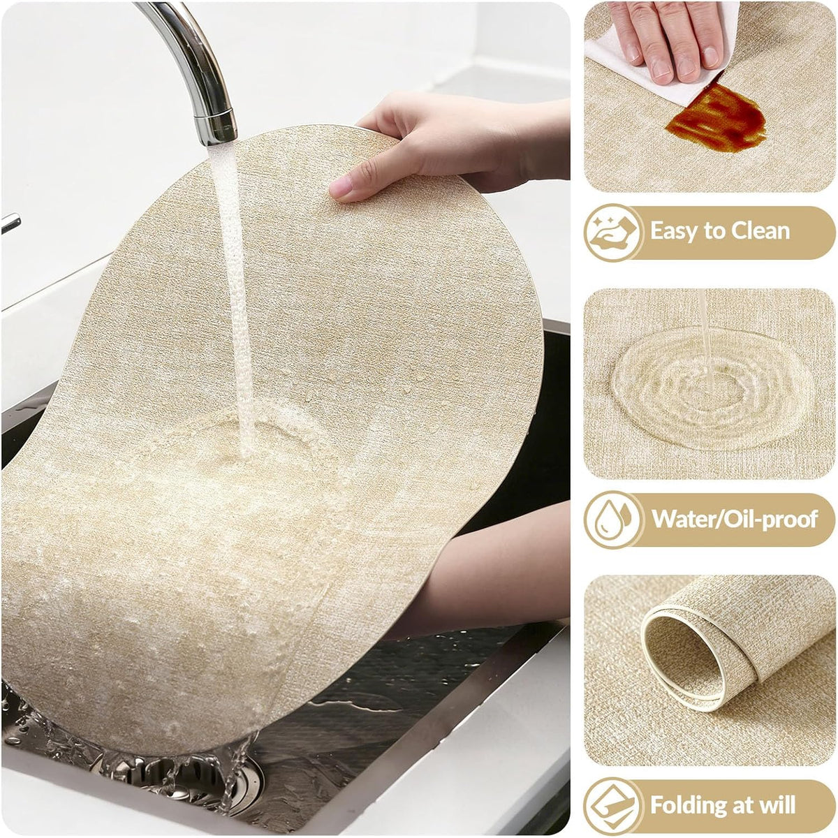 Placemats Set of 6, 11.8 x 17 Inch, Beige | Heat Resistant Oval Faux Leather Place Mats, Waterproof Wipeable Reversible
