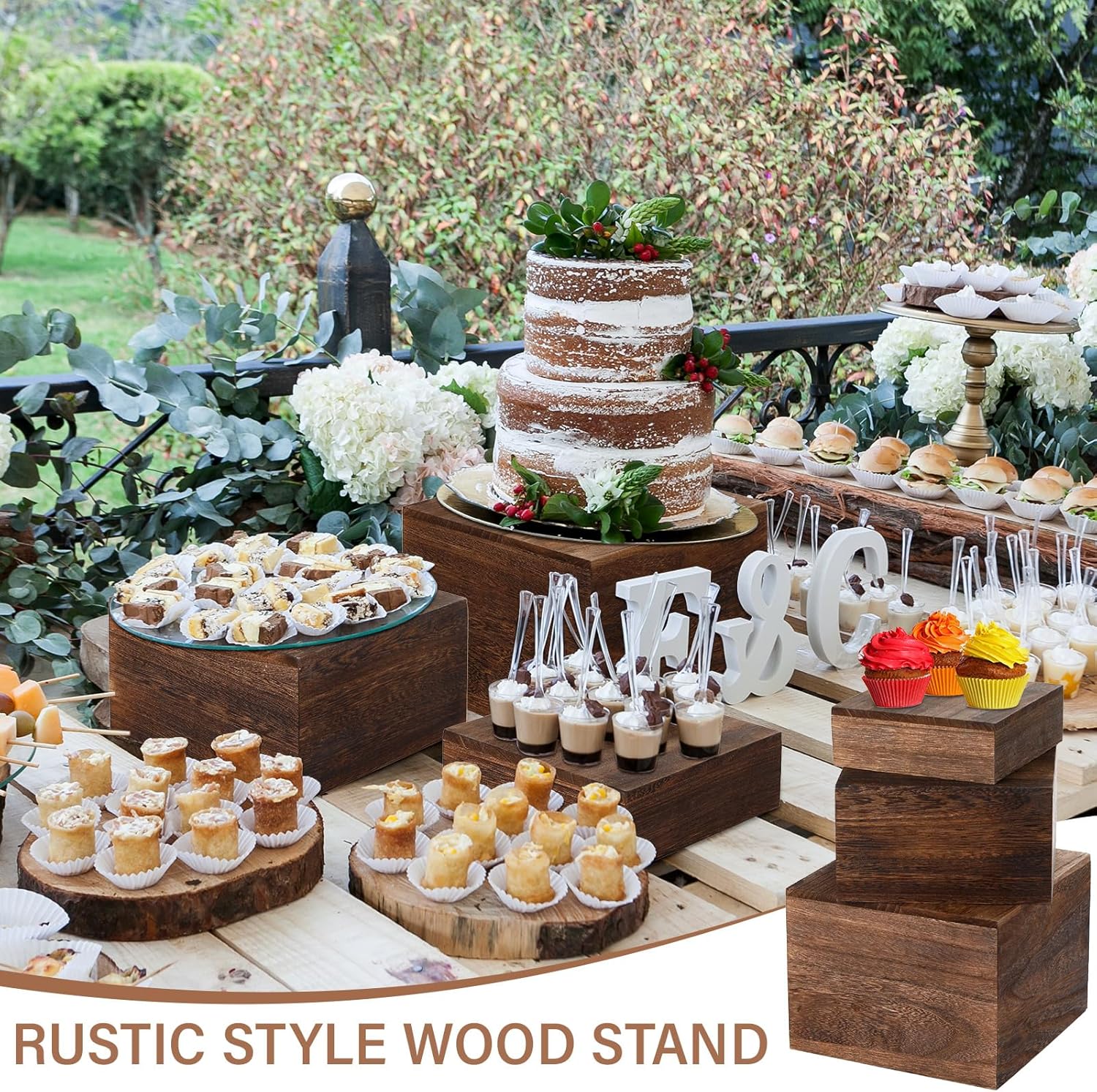 Wooden Risers Stands Cake Rustic Stackable Square Cupcake Stands Base for Buffet Table / Set of 3