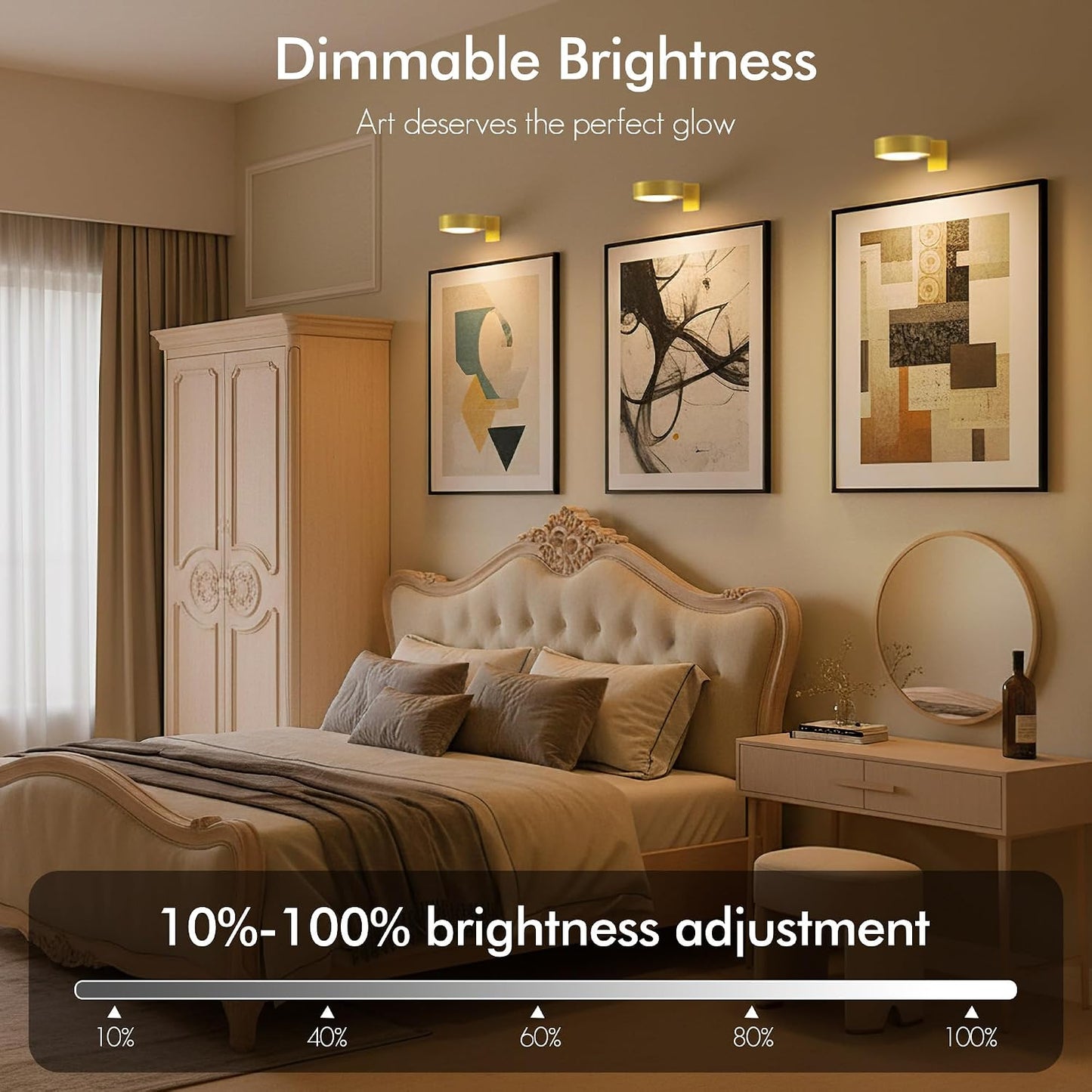 Picture Lights for Wall, Rechargeable Battery Wireless Poster Lights, Gold | LED Magnetic Painting Light with Remote