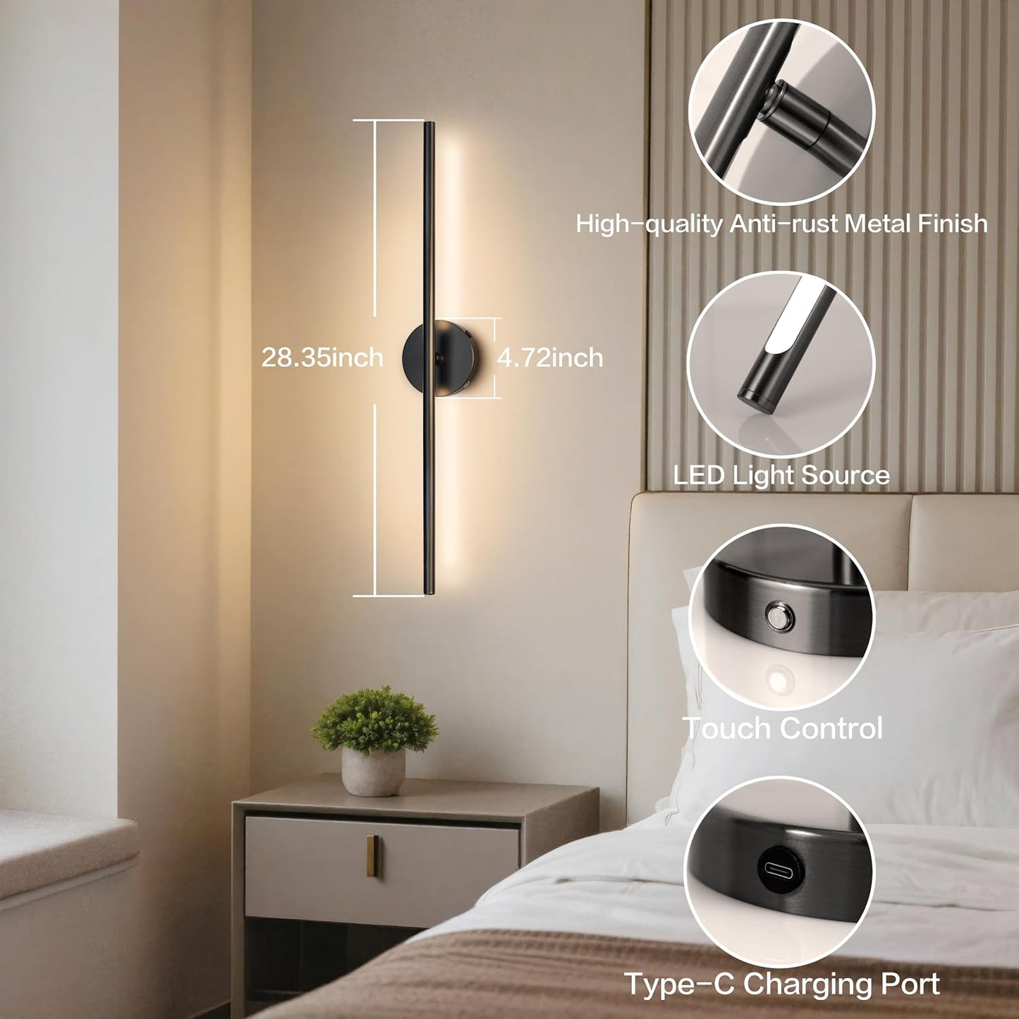 Rechargeable Wall Sconce Set of Two, Modern Wireless Black Wall Sconces with Remote, 28.35Inch Dimmable Indoor Home
