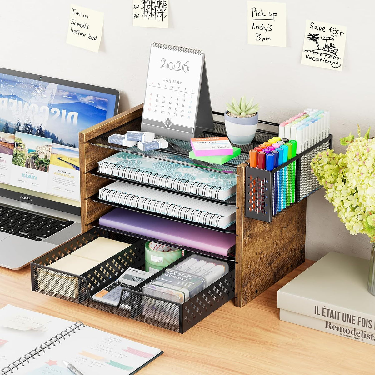 Simple Trending Wood Desk Organizer, 5-Tier File Organizer, Rustic Brown | Wooden Desk Organizers and Accessories with