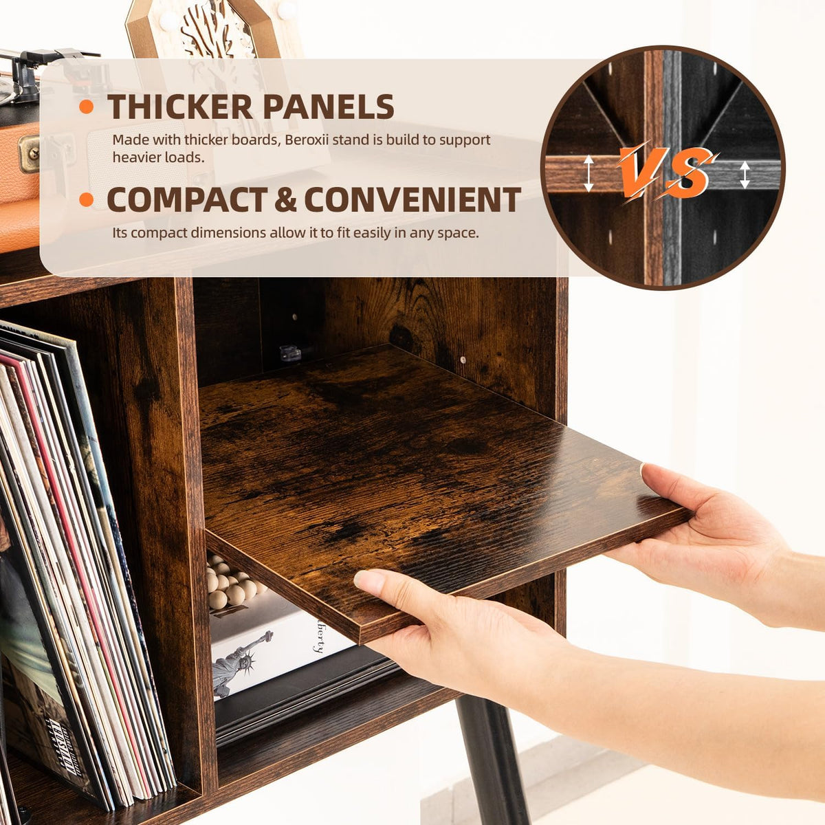 Record Player Table, Mid-Century Record Player Stand Hold Up to 150+ Albums | with Vinyl Storage Vinyl Record Cabinet