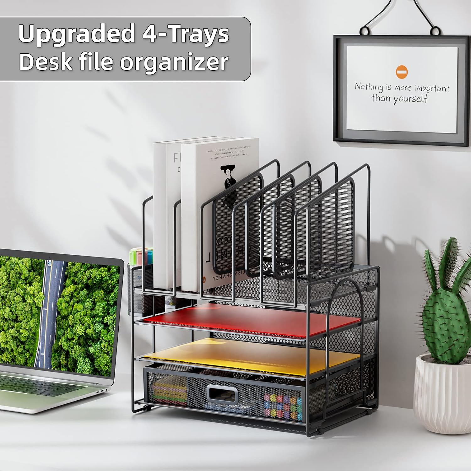 Marbrasse Desk Organizers, 4-Tier Mesh Desk File Organizer with 5 Vertical File Holders and 2 Pen Holders