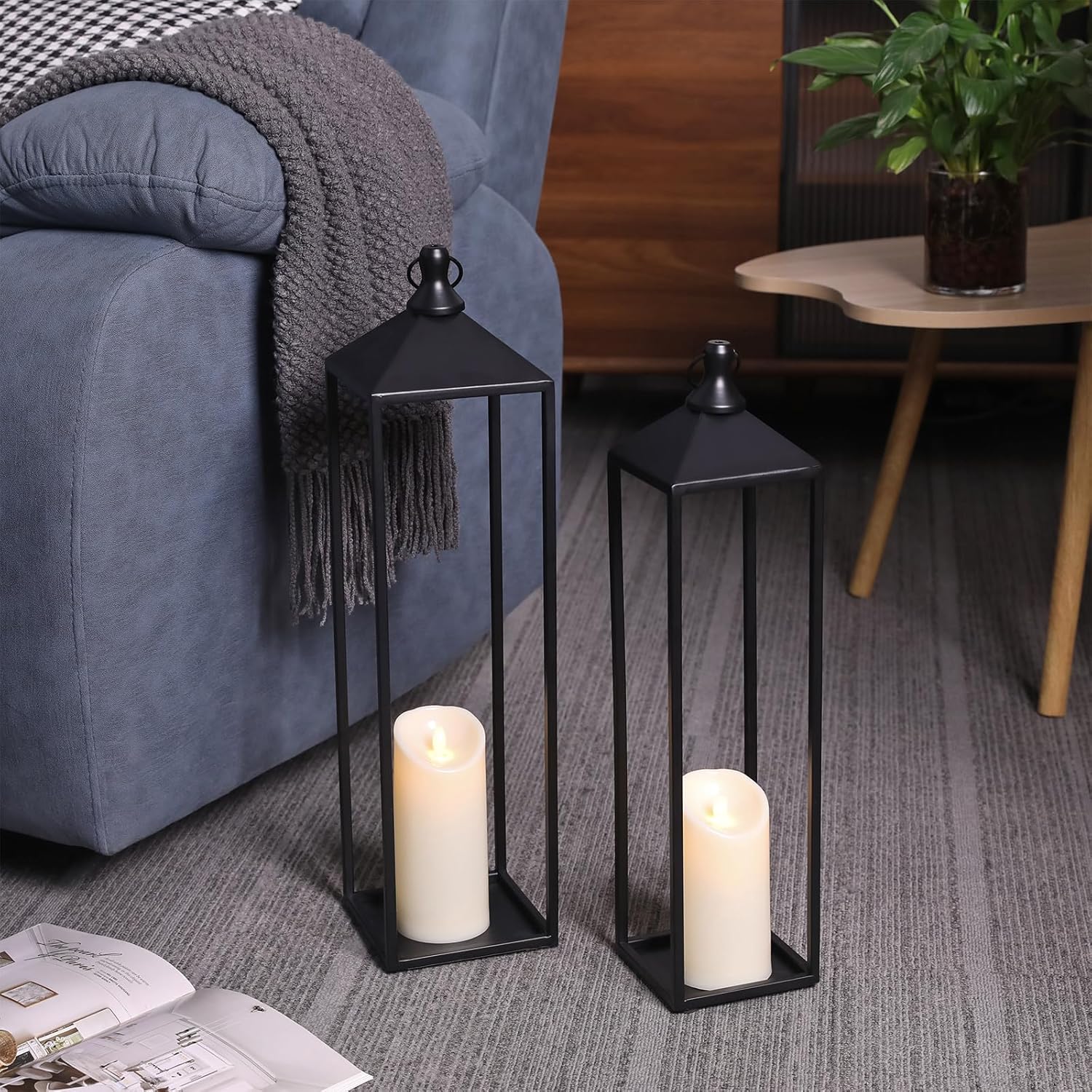 22'' 19'' Large Lanterns Decorative Outdoor Indoor, Set of 2 Candle Lantern | Black Metal Floor Lanterns Decorative for