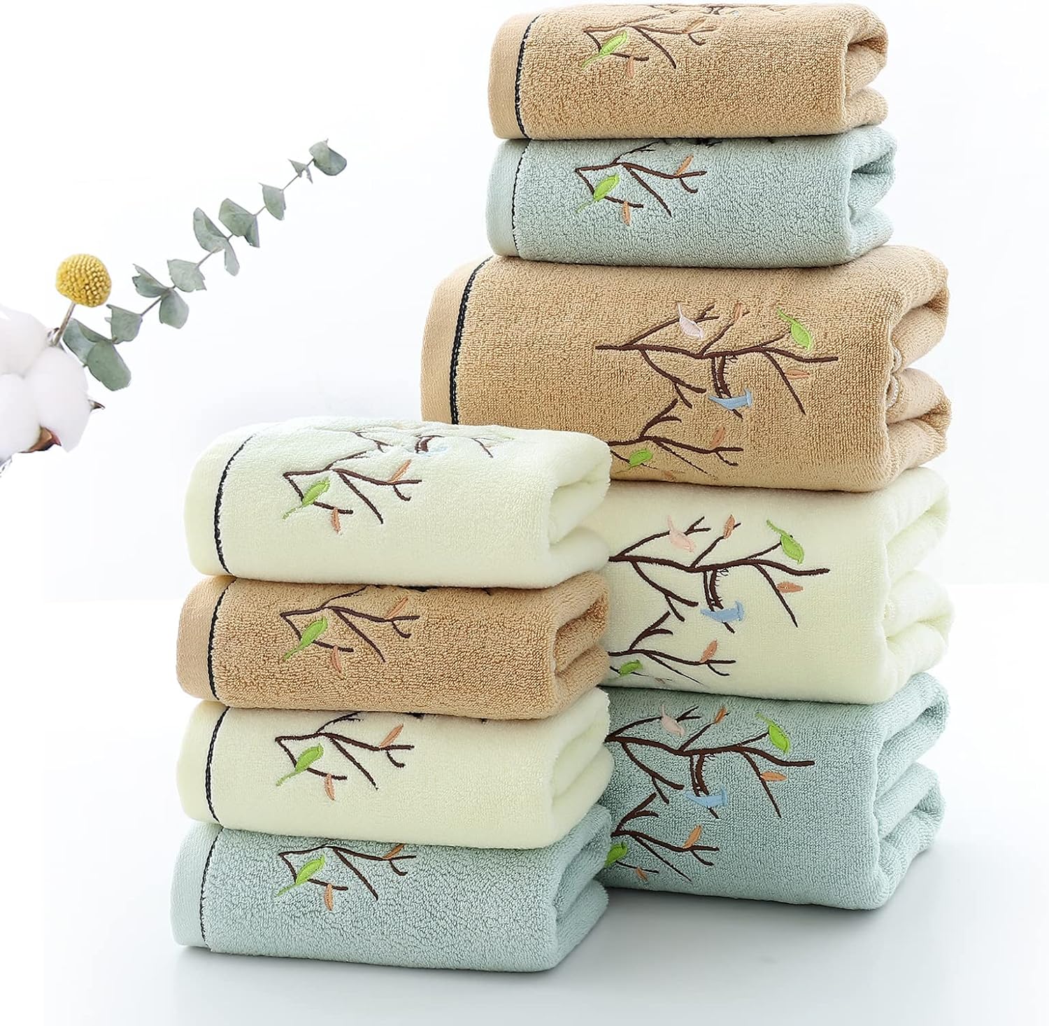 Hand Towels Set of 4 Embroidered Bird Tree Pattern 100% Cotton Absorbent Soft Decorative Towel for Bathroom (Brown)