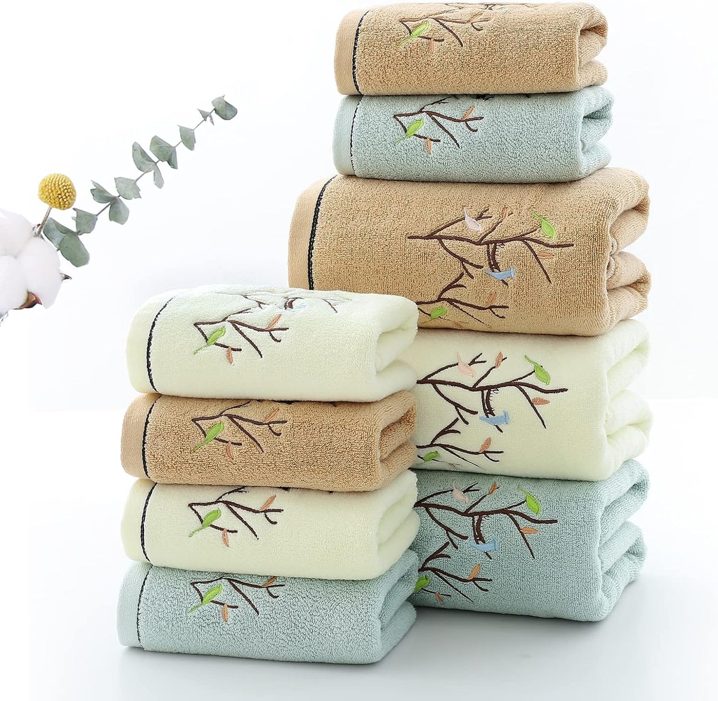 Hand Towels Set of 4 Embroidered Bird Tree Pattern 100% Cotton Absorbent Soft Decorative Towel for Bathroom (Light
