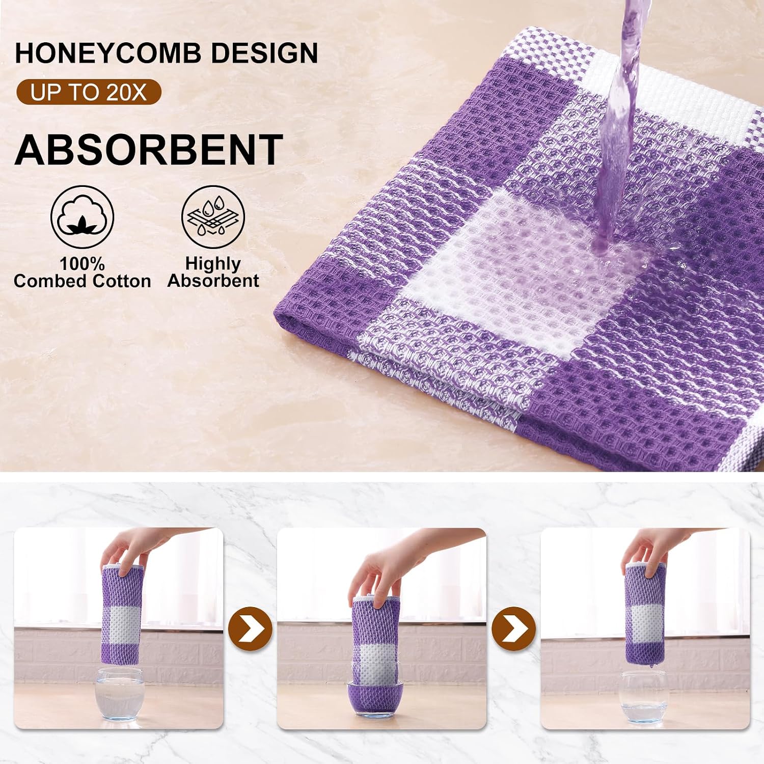 Mordimy 8 Pack Kitchen Towels and Dishcloths Set, Purple & White | 28 X 13 Inch and 12 X 12 Inch, Super Soft
