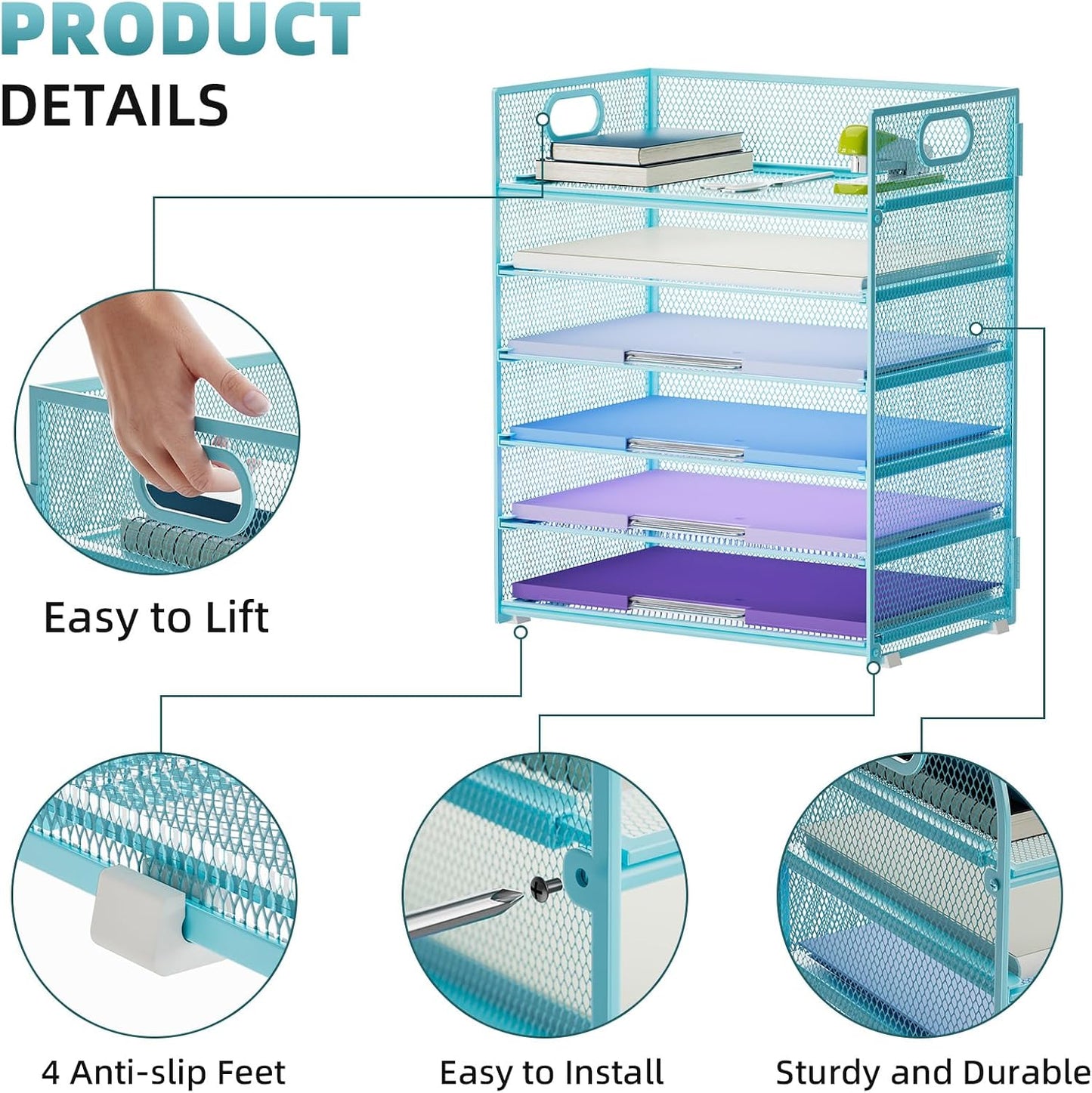 Marbrasse 6 Tier Paper Organizer Letter Tray - Mesh Desk File Organizer with Handle, Paper Sorter for Letter/A4 Office