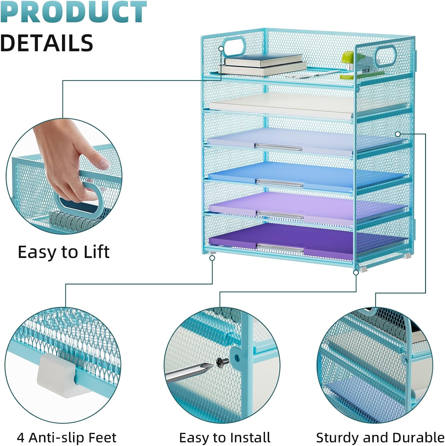 Marbrasse 6 Tier Paper Organizer Letter Tray - Mesh Desk File Organizer with Handle, Paper Sorter for Letter/A4 Office