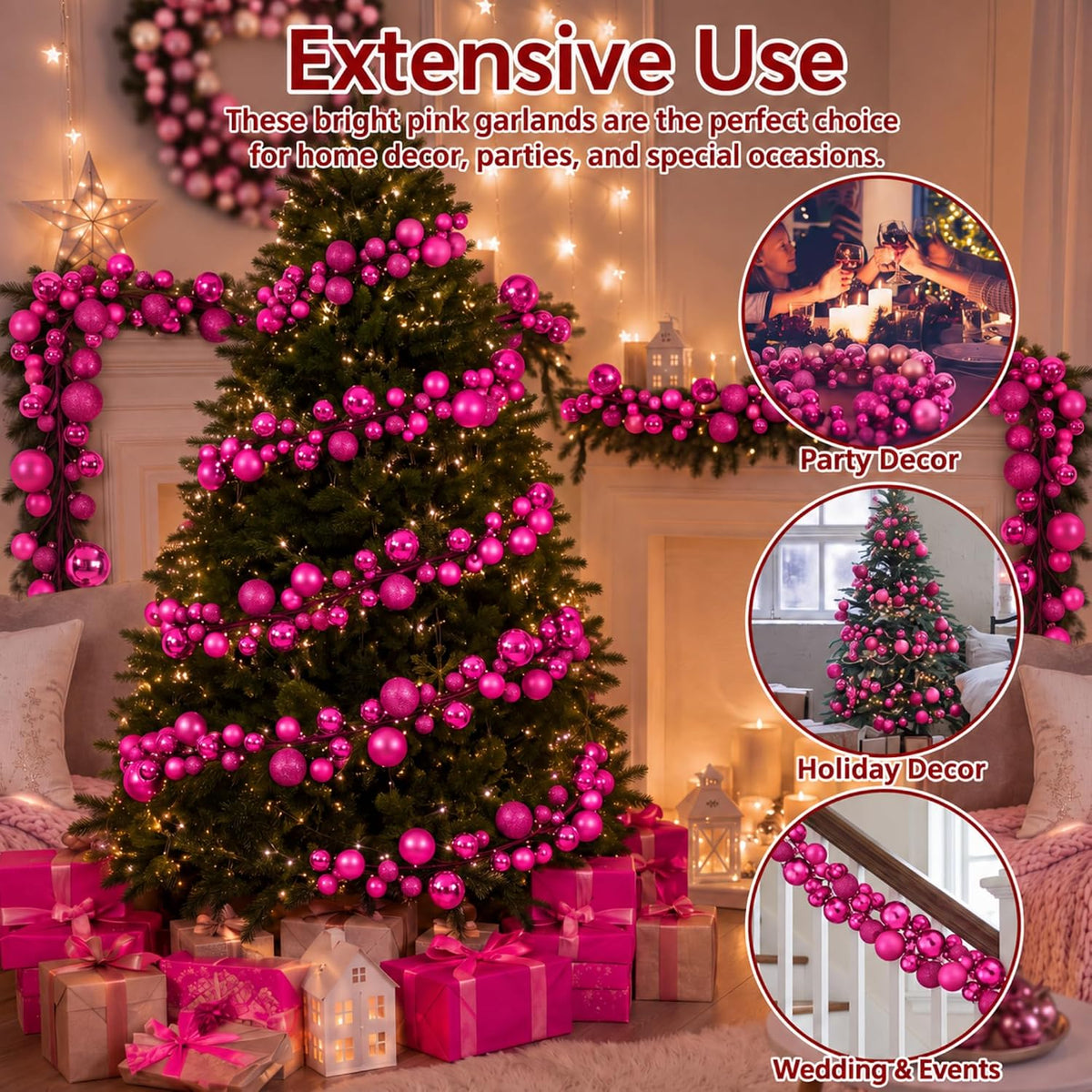 2 Pcs Christmas Ball Garland 6 ft Ball Ornaments Christmas Bulb Garland Xmas Tree Bauble Decorations for Party Indoor