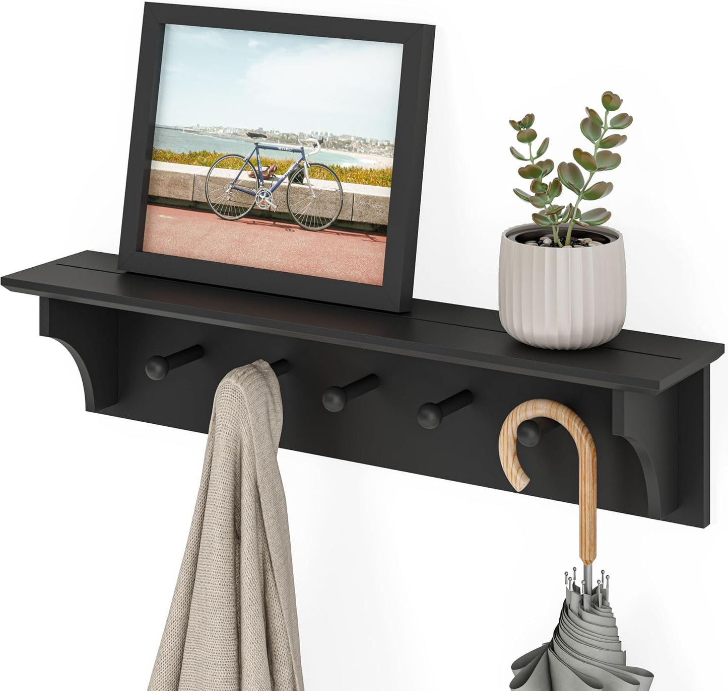 Ballucci Floating Coat and Hat Wall Shelf Rack, 5 Pegs Hook, 24", Black