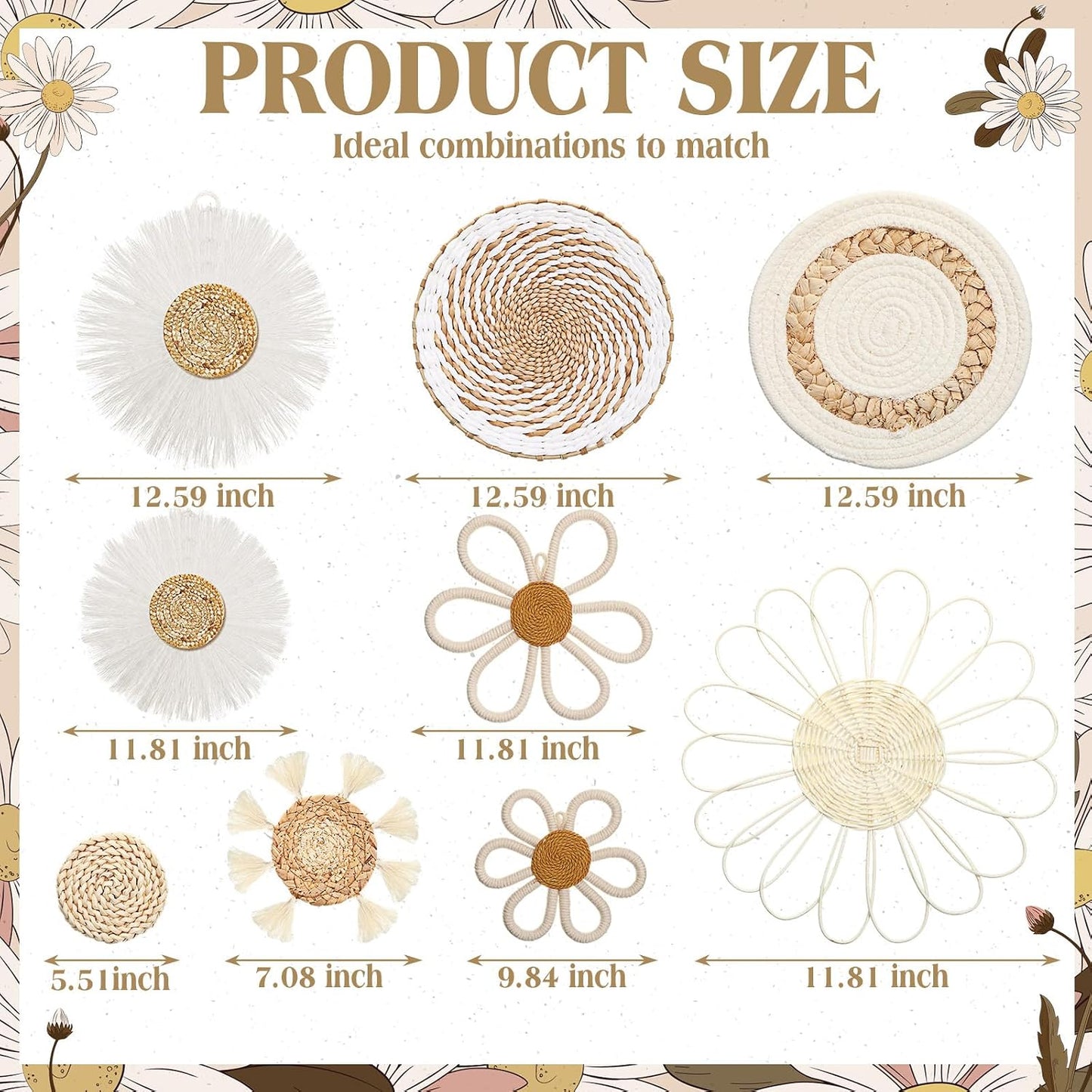 Boho Nursery Wall Decor Daisy Flower Woven Macrame Seagrass Rattan Basket Wall / White / Set of 9