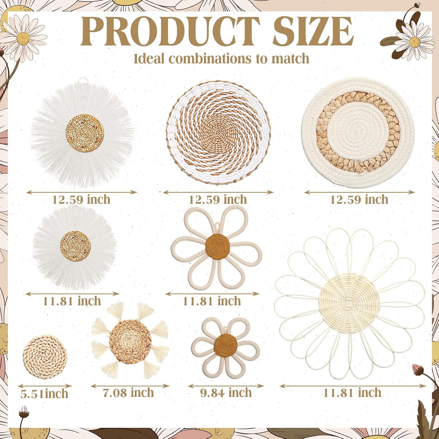 Boho Nursery Wall Decor Daisy Flower Woven Macrame Seagrass Rattan Basket Wall / White / Set of 9