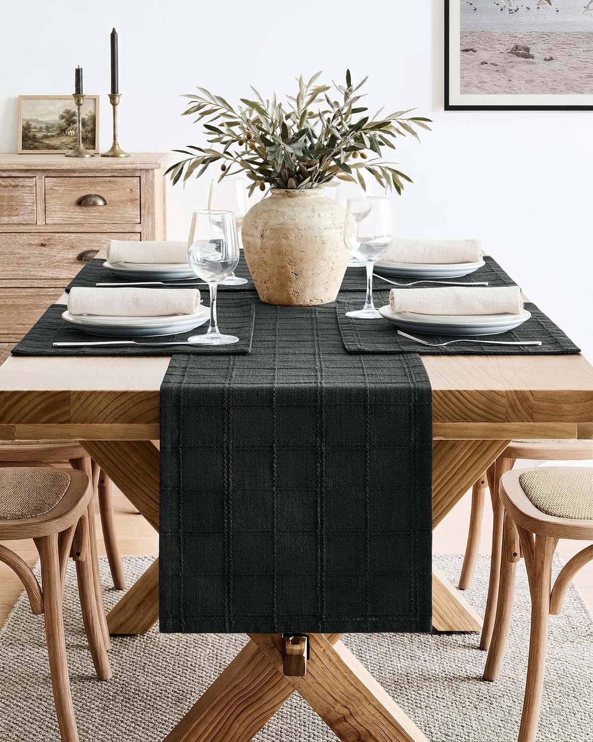 Linen Checked Farmhouse Placemats Set of 4, Black 13x19in | Double Layer, Reversible, Thick Textured Table Mats, Raised
