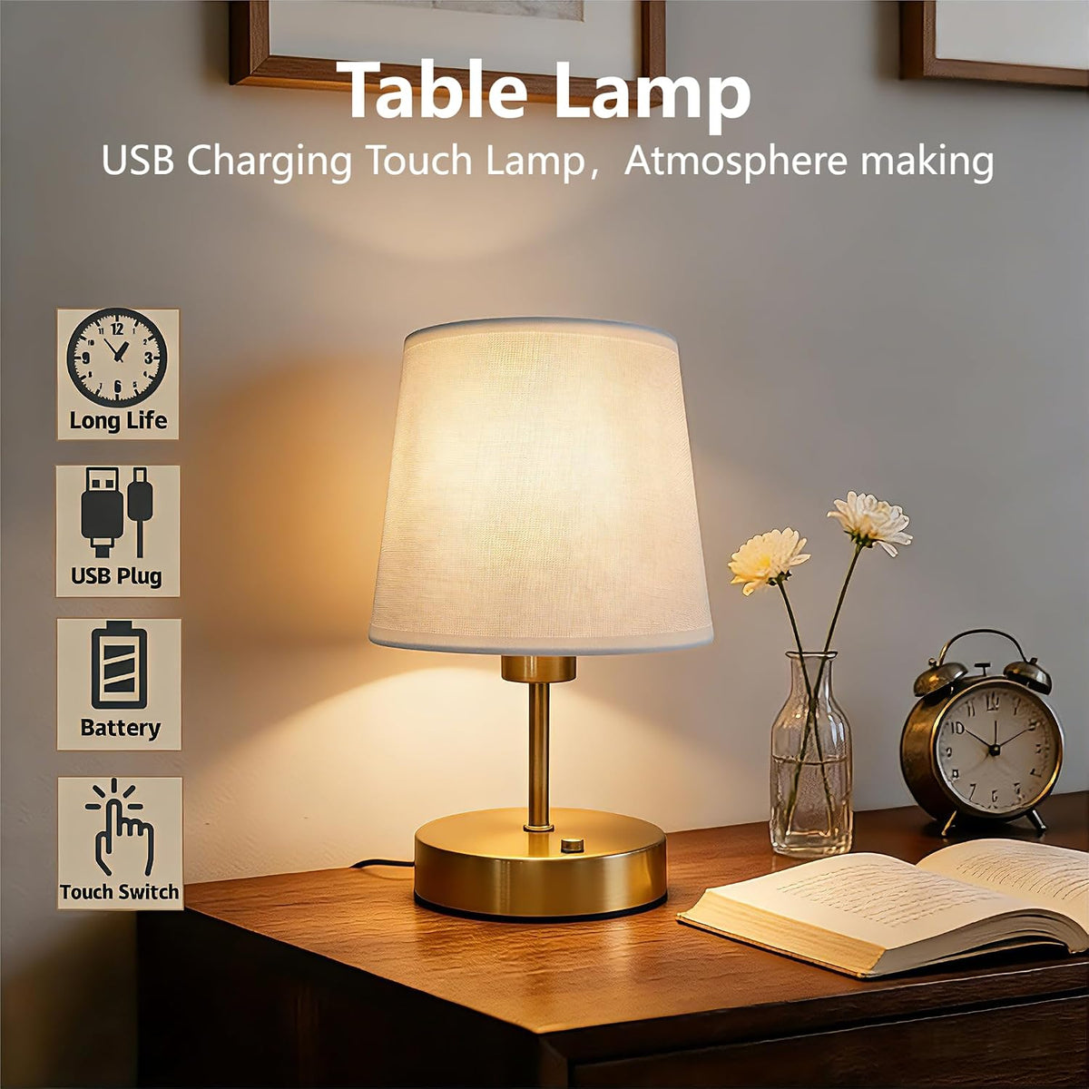 Gold Portable Cordless Table Lamp, Rechargeable Bedside Lamp, Mini | 3000mAh battery, touch stepless dimming, 2700K