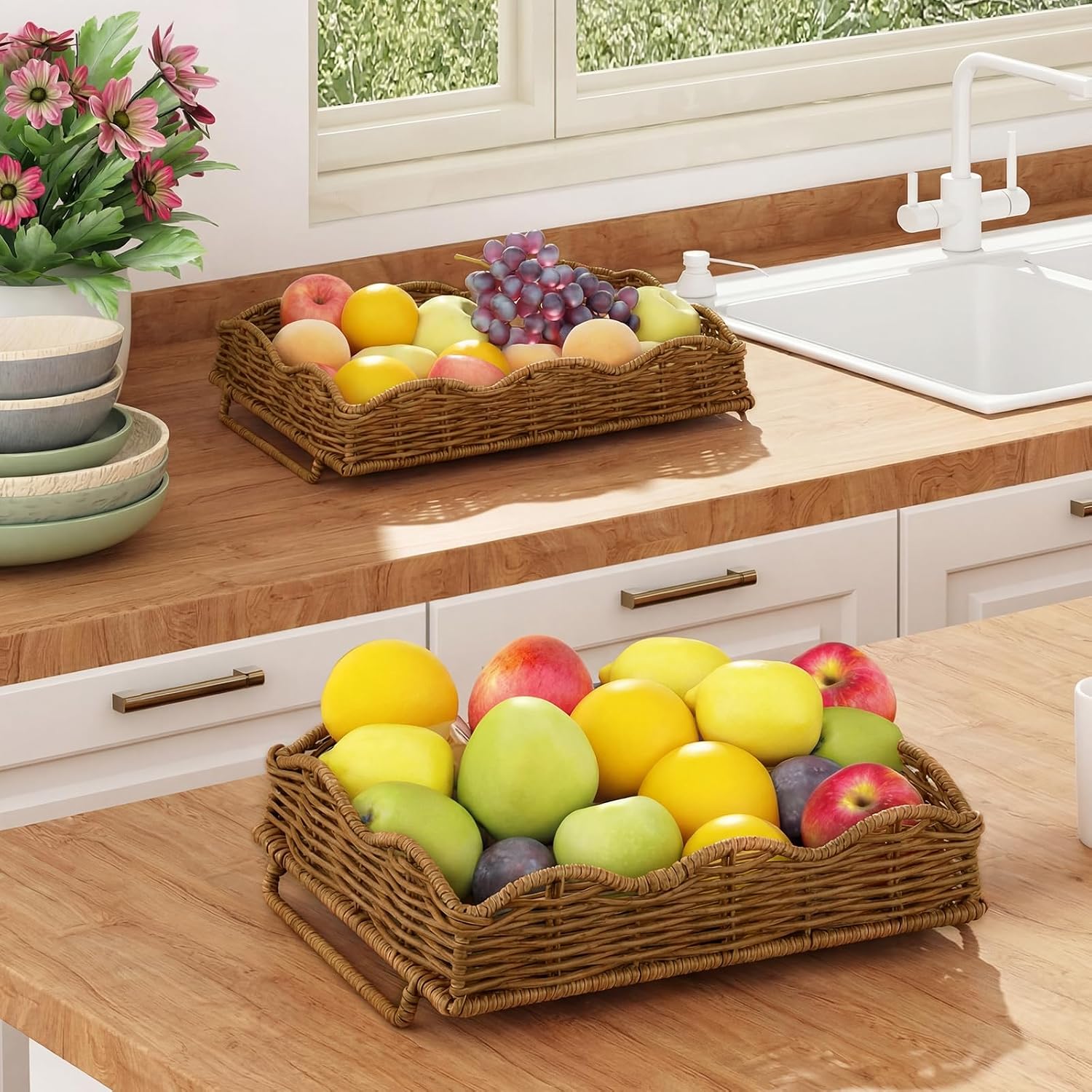 2 Tier Stackable Cabinet Organizer Shelves / 2-tier Rectangular / 12.8 x 8.7 x 12 / Dark / Natural