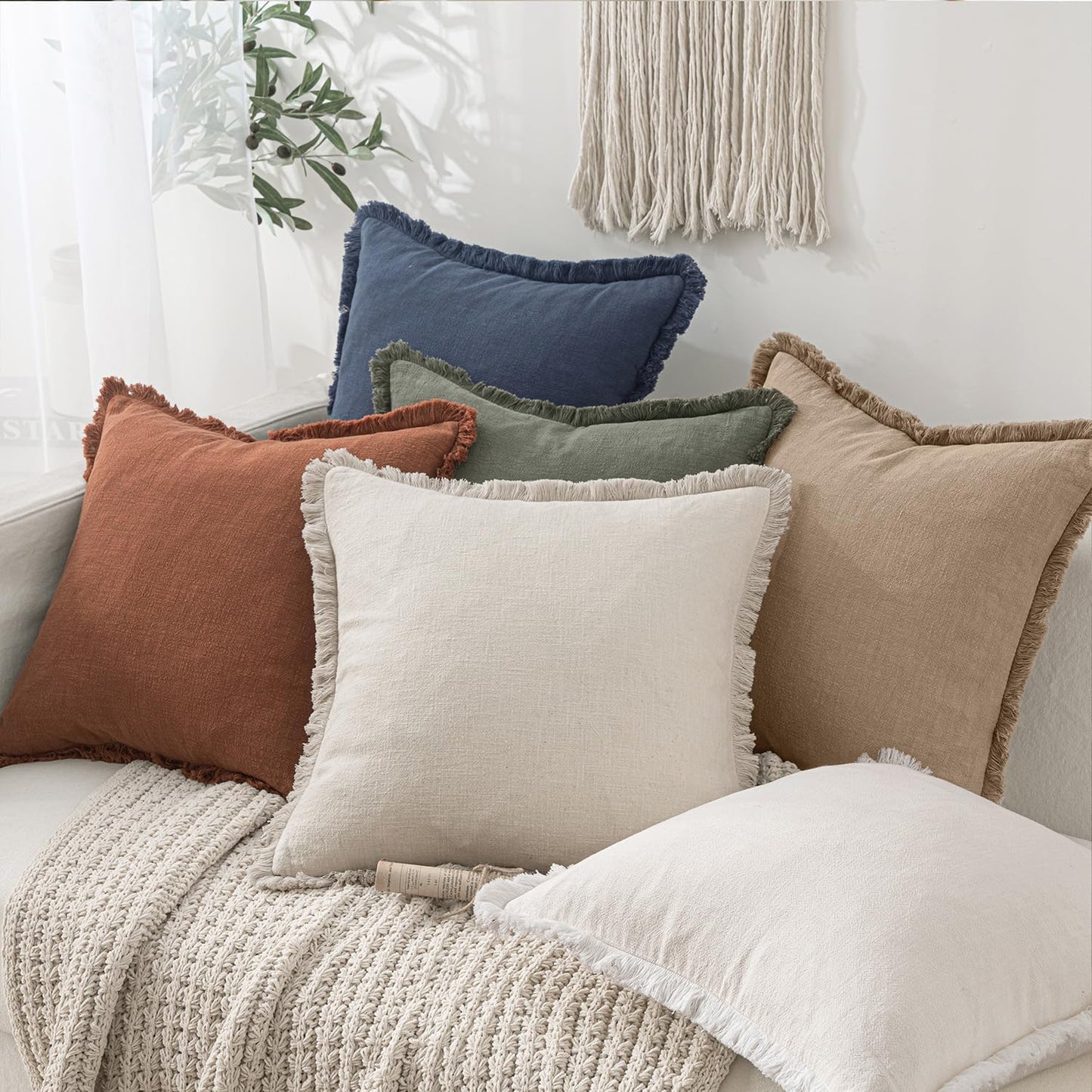 Decorative Throw Pillow Covers Neutral Linen Fringe Throw Pillows Boho / 20 x 20 / Camel / Set of 2