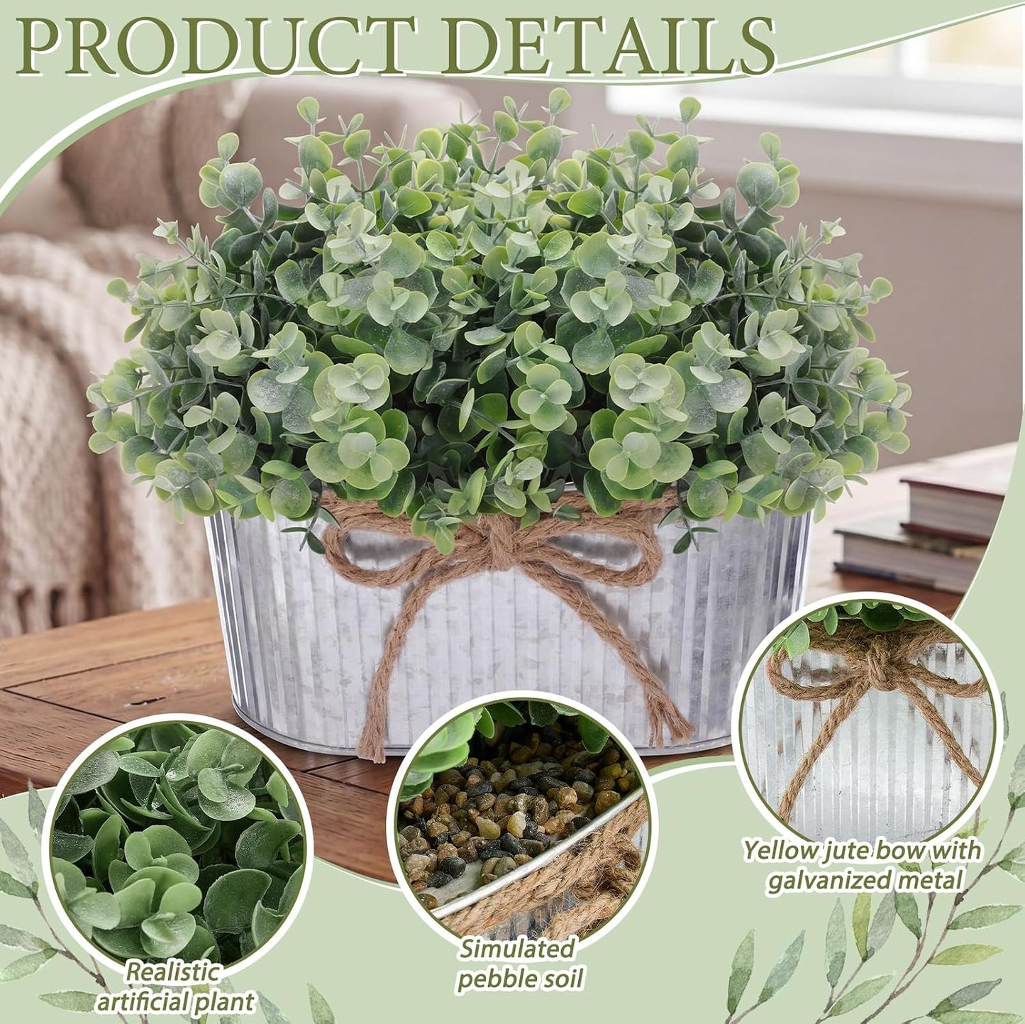 Spring Mini Potted Artificial Fake Plants Farmhouse Galvanized Metal Pots / Eucalyptus / Set of 3