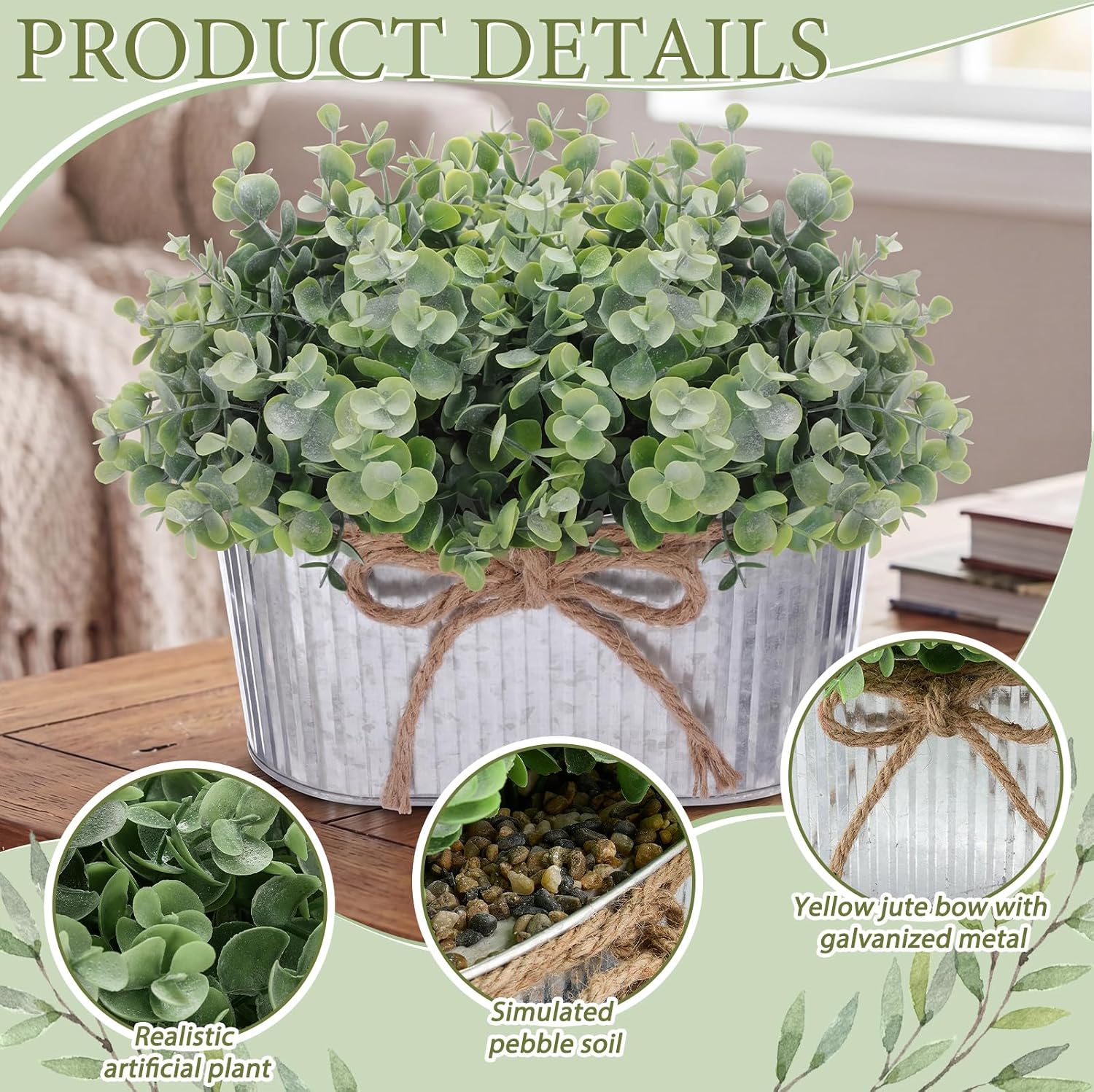 Spring Mini Potted Artificial Fake Plants Farmhouse Galvanized Metal Pots / Eucalyptus / Set of 3