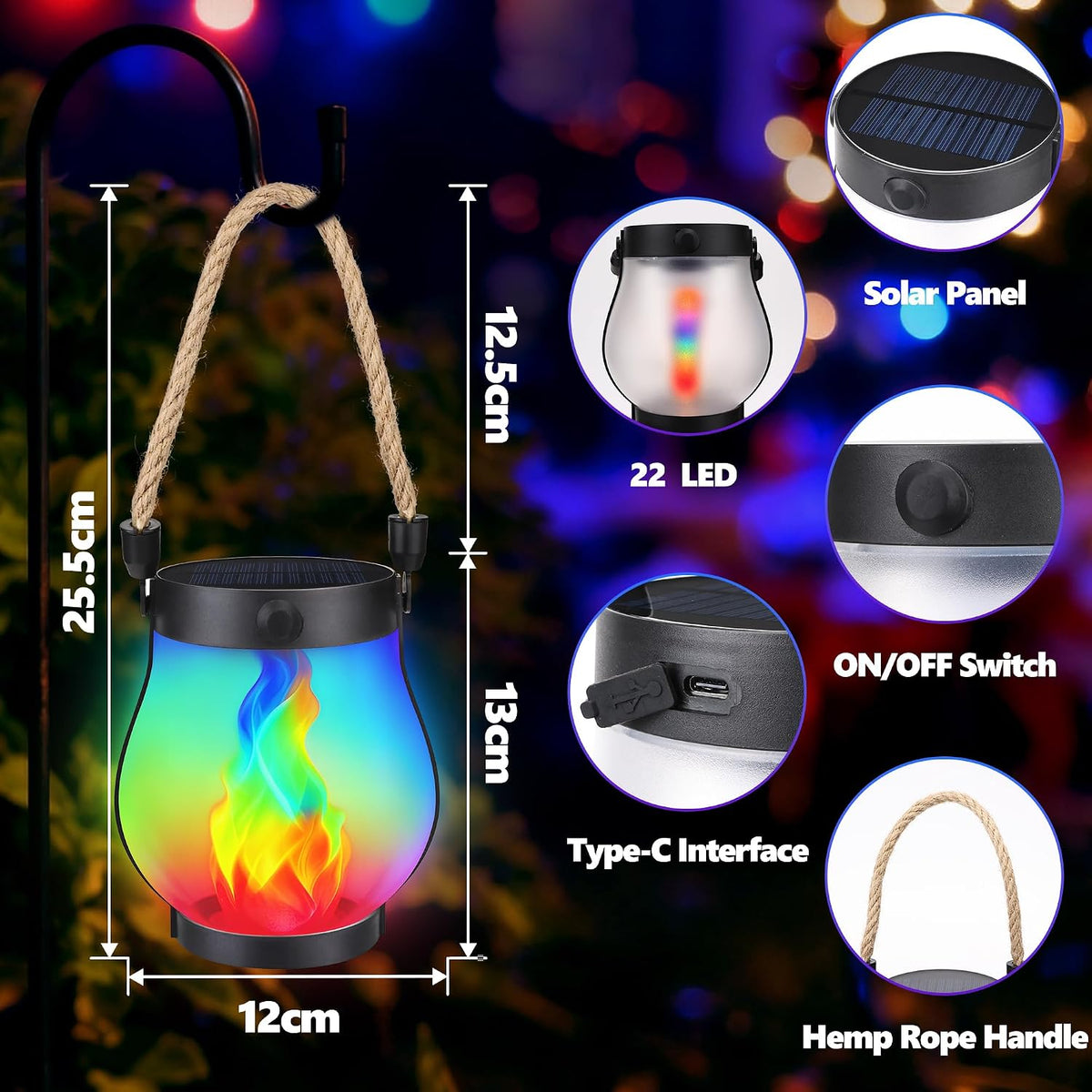 iBaycon 1 Pack Gen2 Solar Lantern Lights with Ultra-Real Flame, Multicolor | Solar Garden Lights with Dual Charging USB