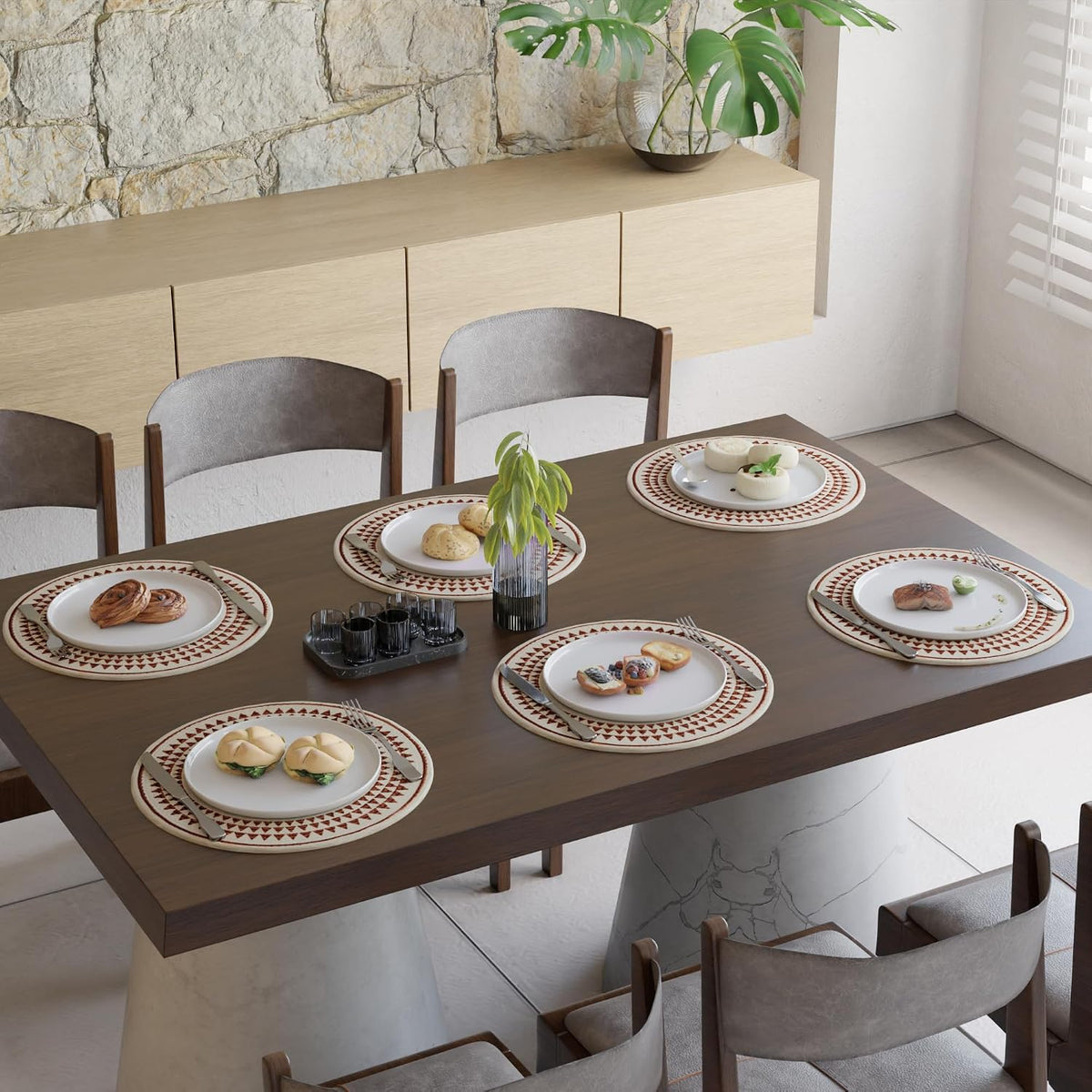 Encasa XO Dining Placemats, Cotton Round Table Mats 13" Maroon Mandala-3 Print